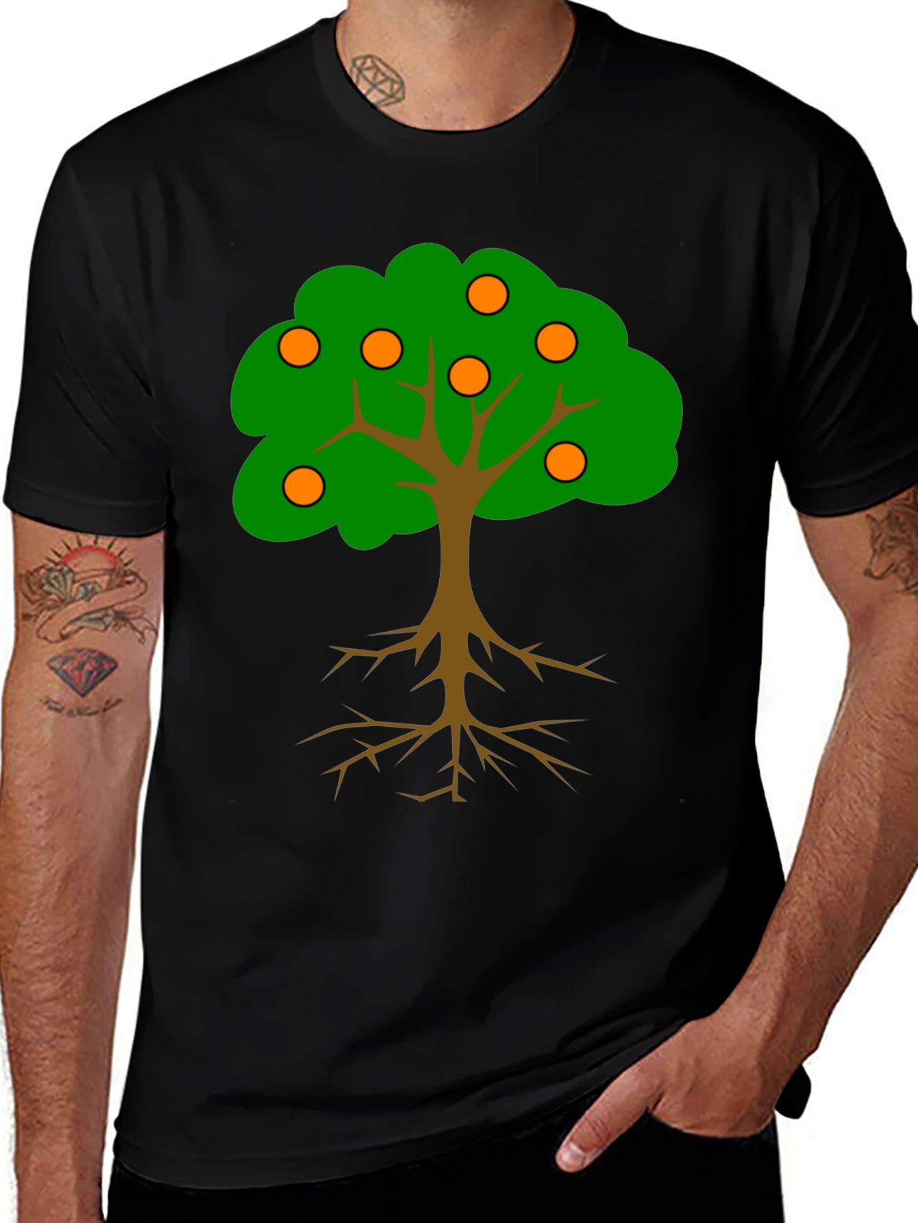 Cartoon Orange Tree Black T-Shirt