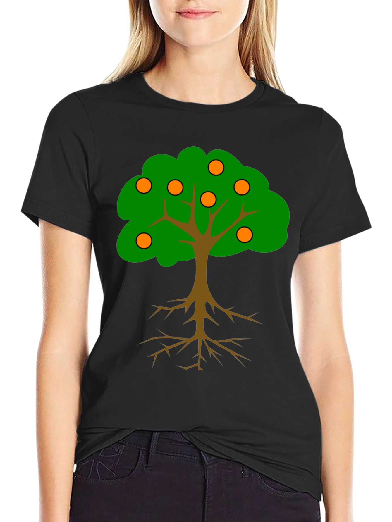 Cartoon Orange Tree Black T-Shirt
