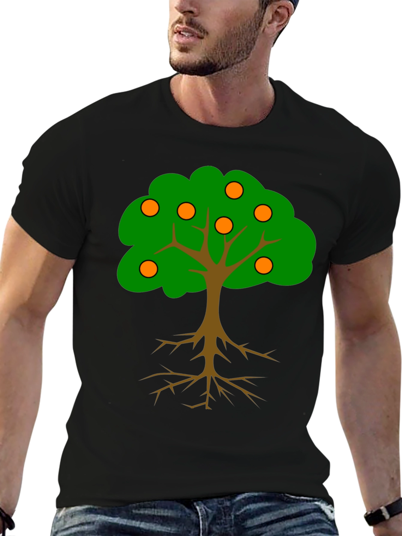Cartoon Orange Tree Black T-Shirt