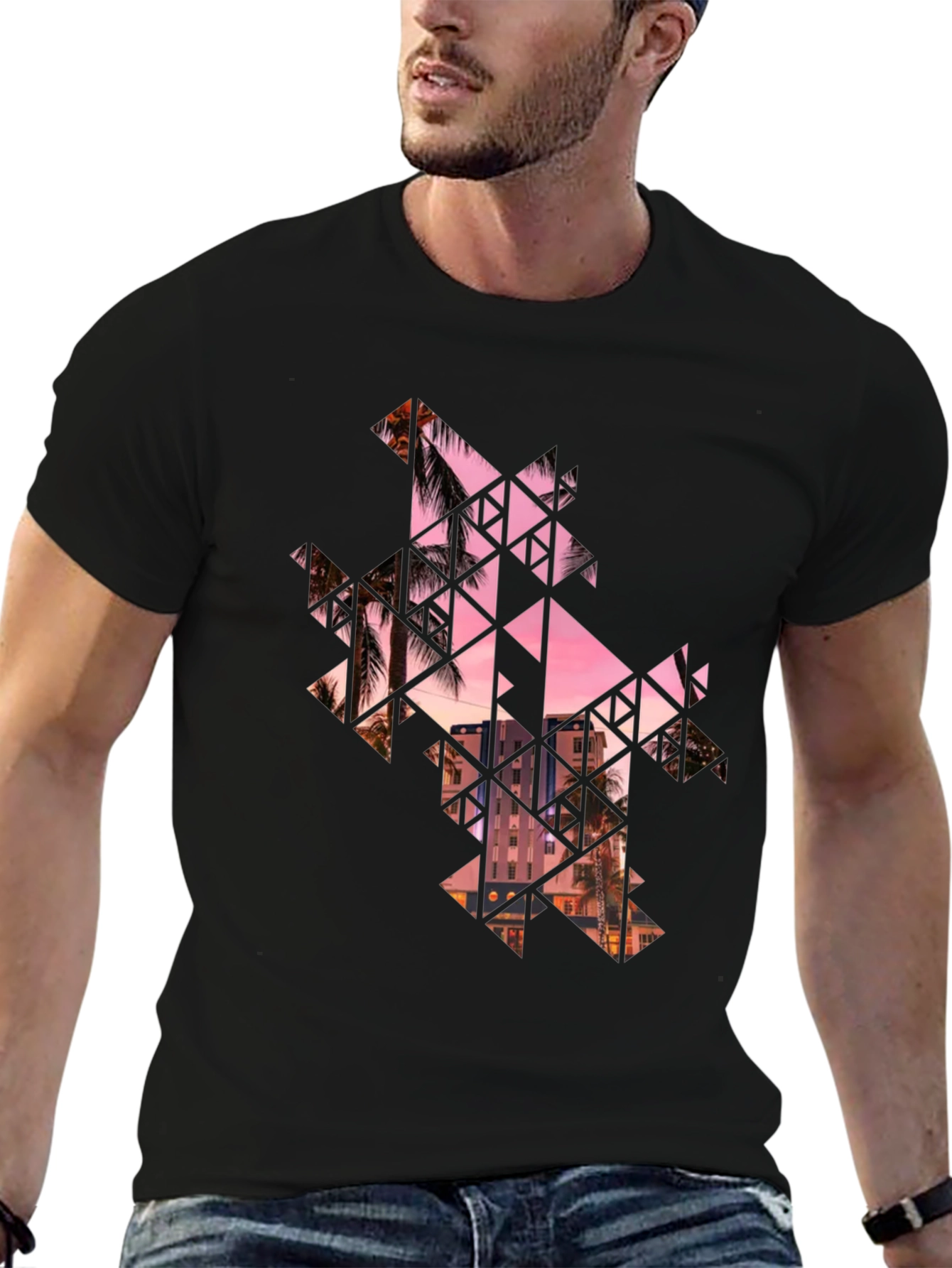 Geometric Palm Tree Graphic Black T-Shirt