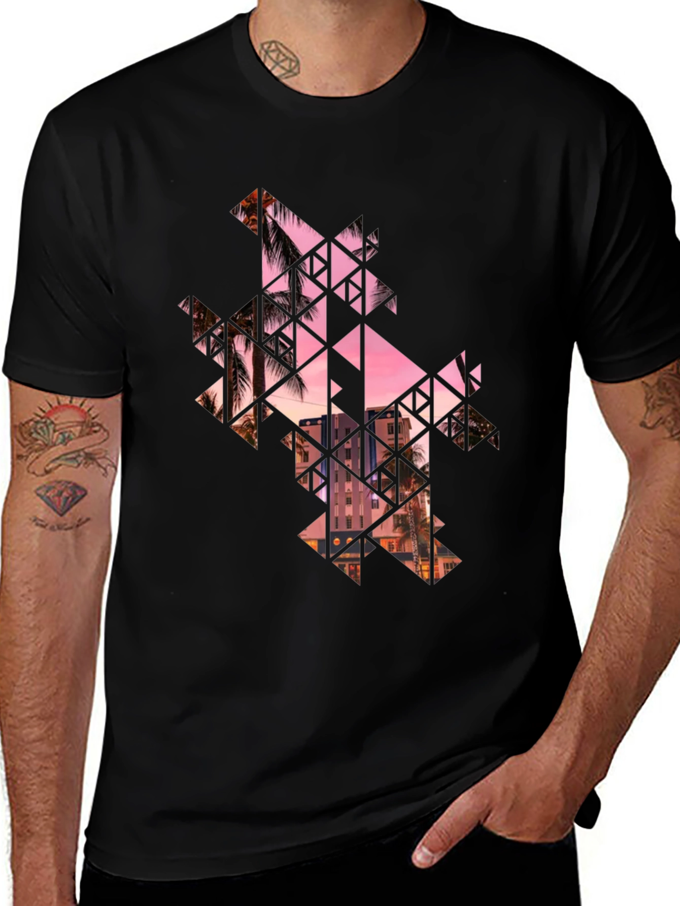 Geometric Palm Tree Graphic Black T-Shirt