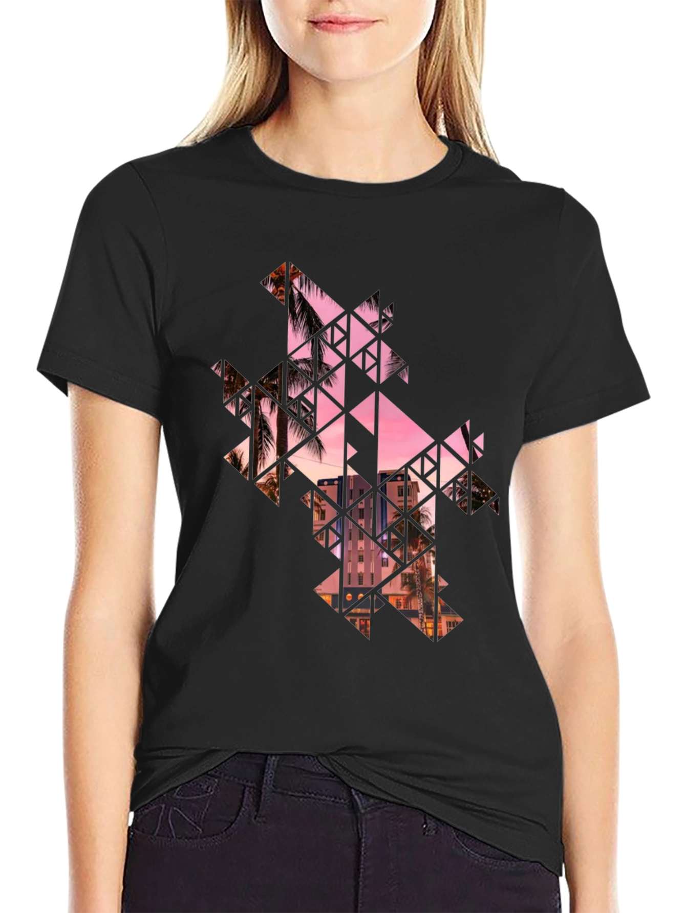 Geometric Palm Tree Graphic Black T-Shirt