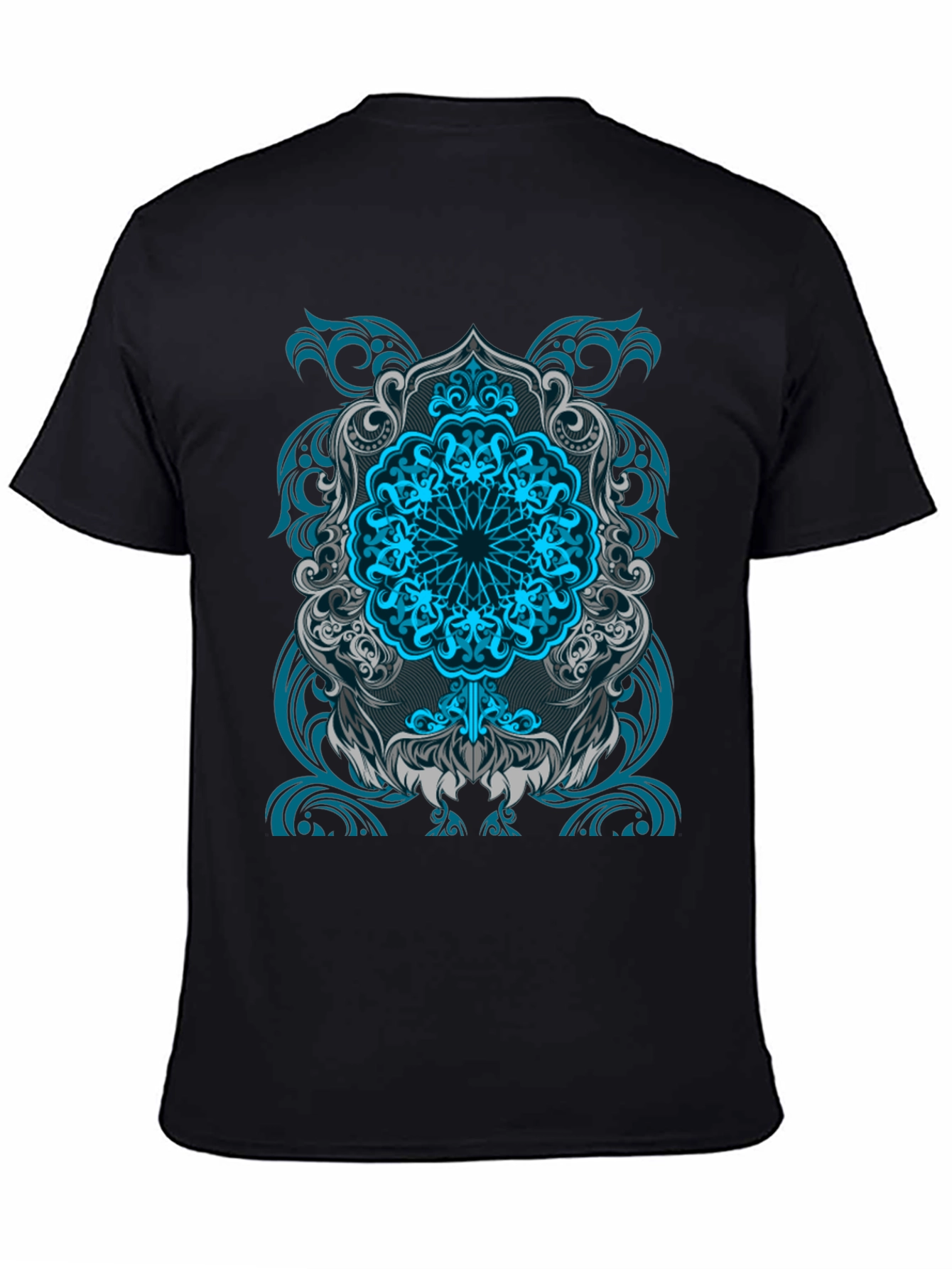 Blue Mandala Graphic Print Black T-Shirt