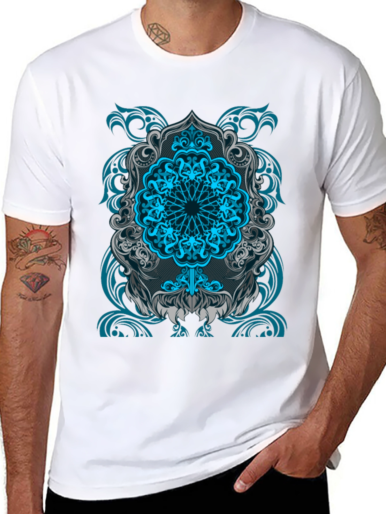 Blue Mandala Graphic Print Black T-Shirt