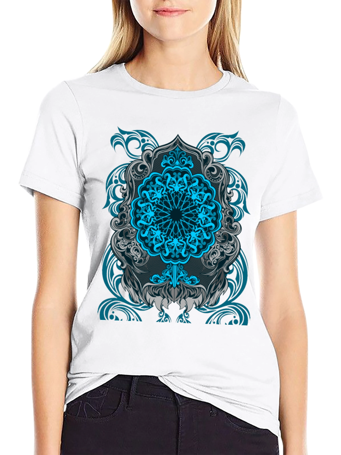 Blue Mandala Graphic Print Black T-Shirt