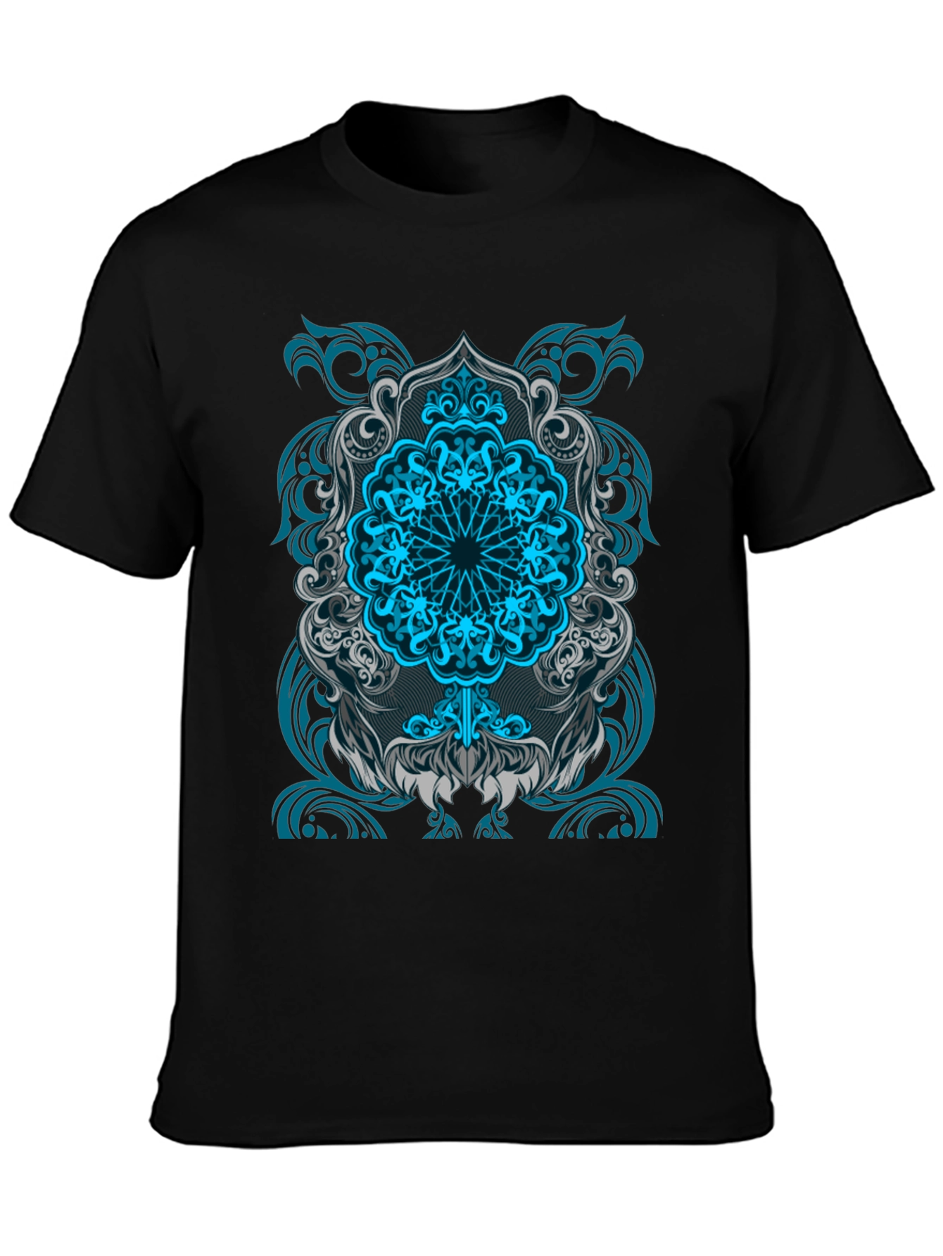 Blue Mandala Graphic Print Black T-Shirt
