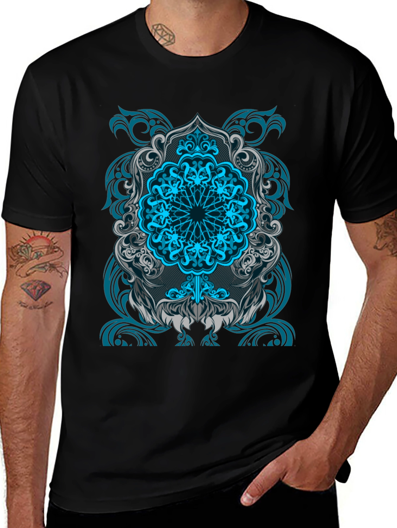 Blue Mandala Graphic Print Black T-Shirt
