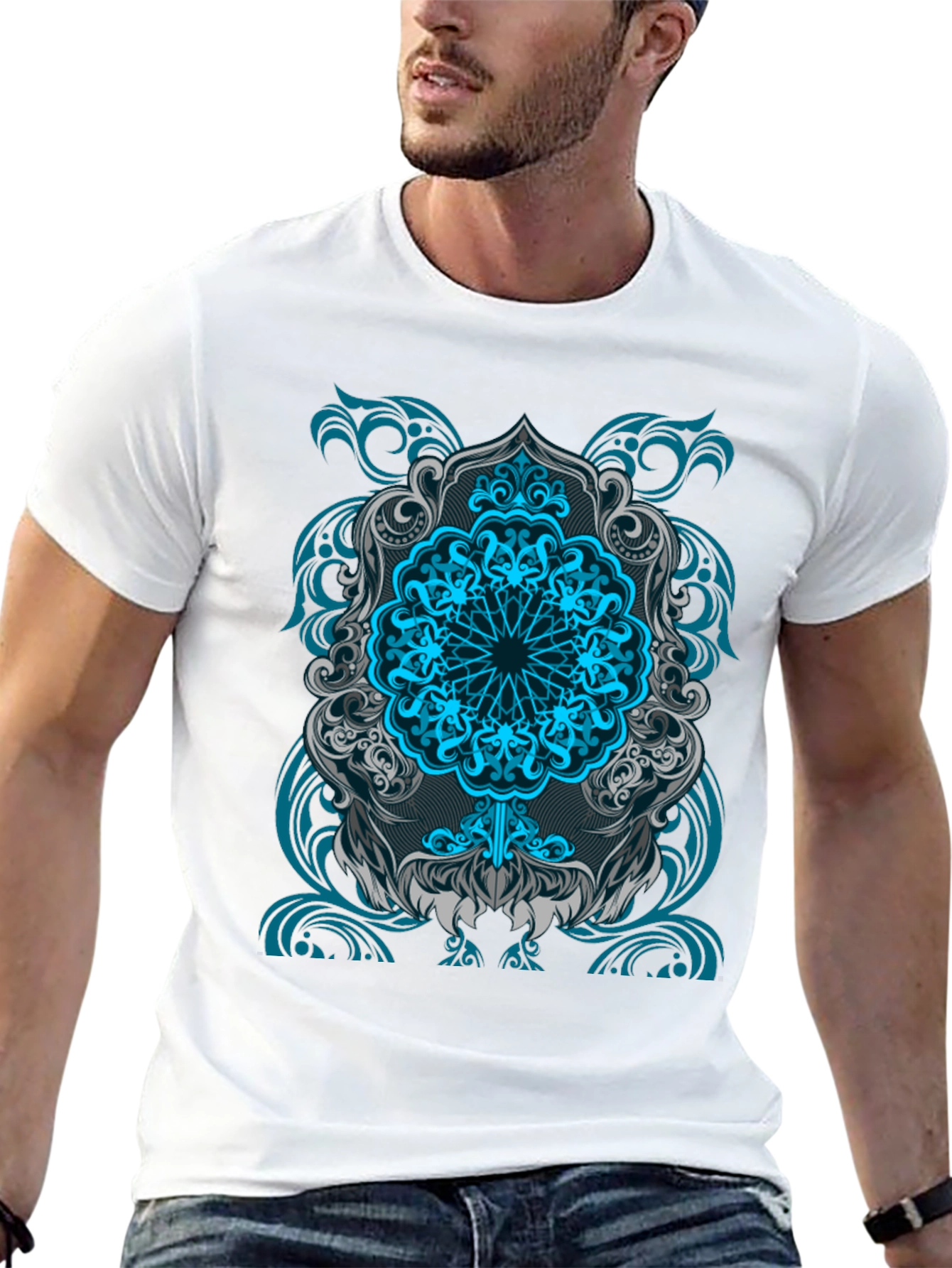 Blue Mandala Graphic Print Black T-Shirt
