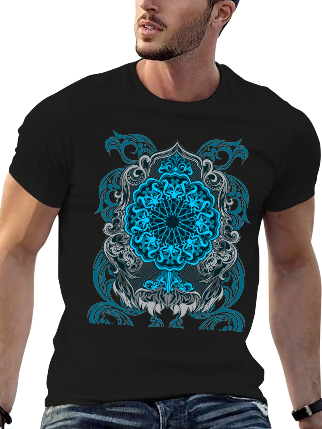 Blue Mandala Graphic Print Black T-Shirt