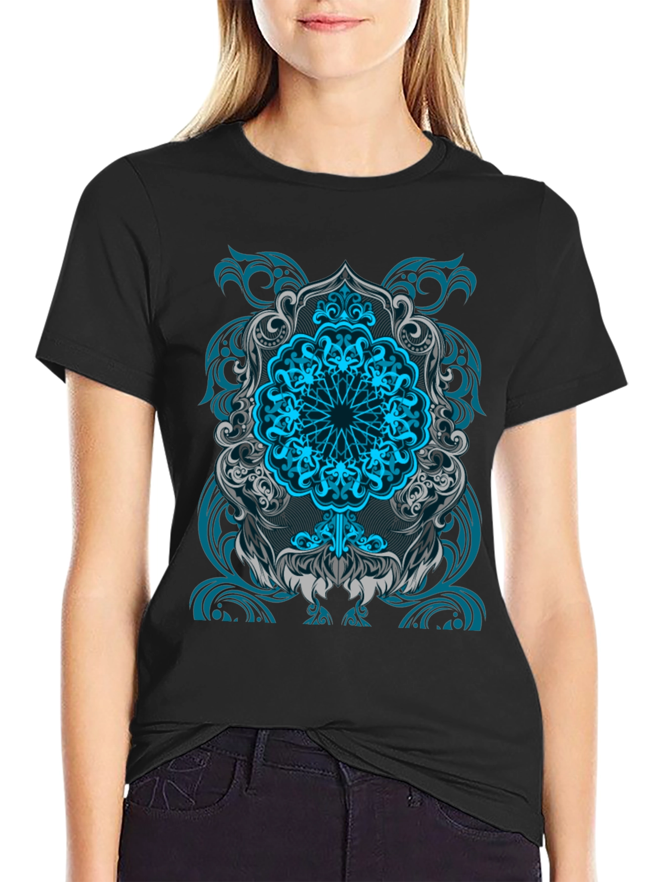 Blue Mandala Graphic Print Black T-Shirt