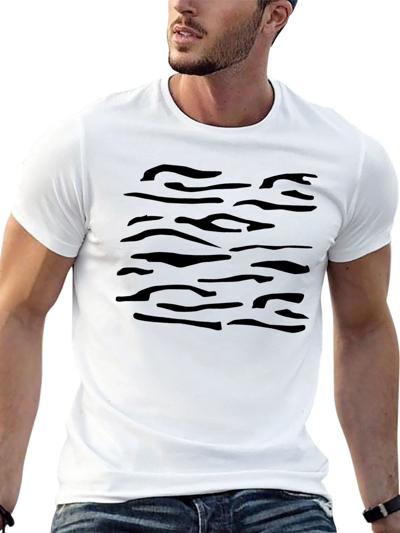 Black Tiger Stripe Print Crew Neck T-Shirt