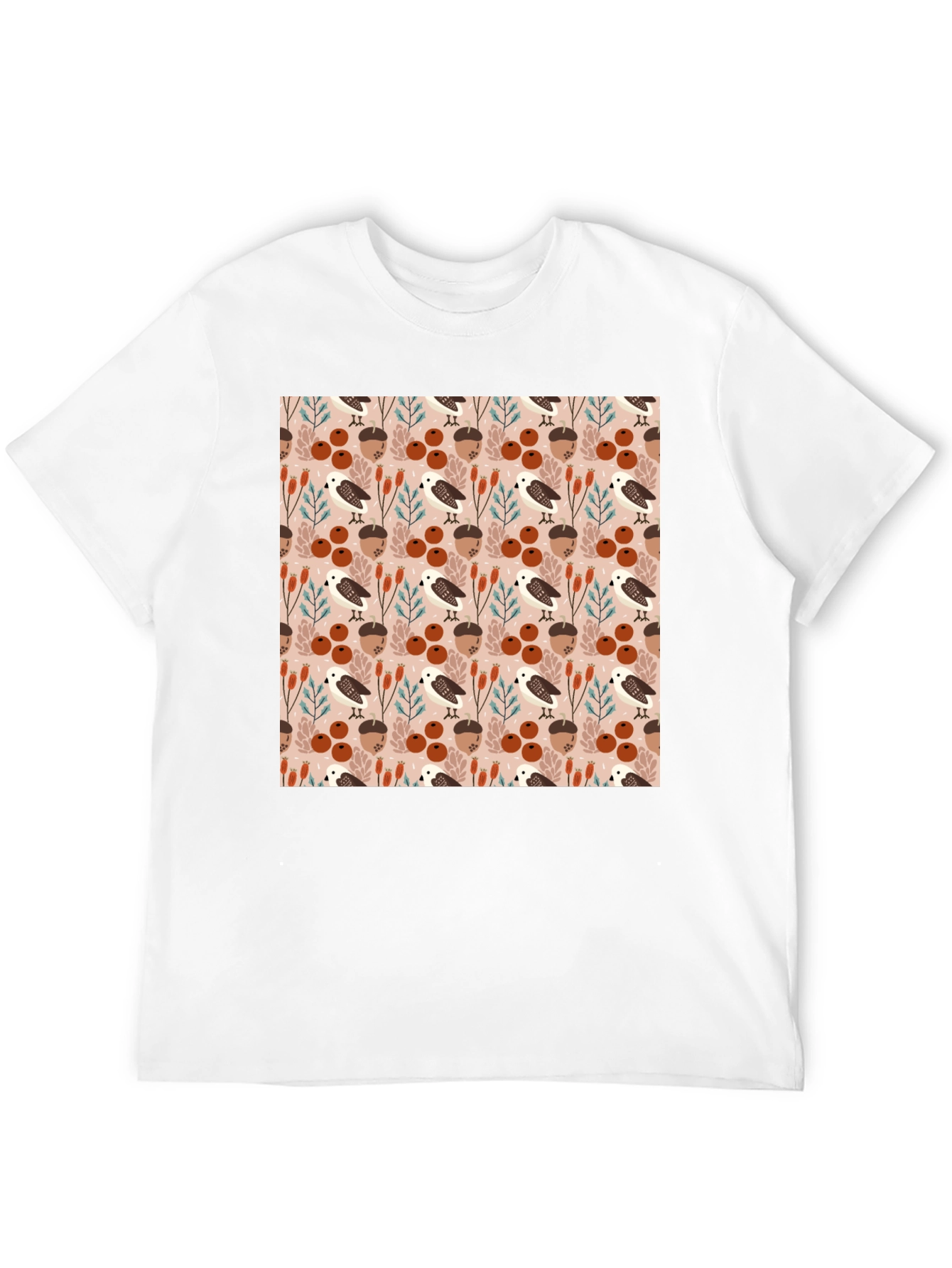 Autumnal Bird and Acorn Pattern T-Shirt