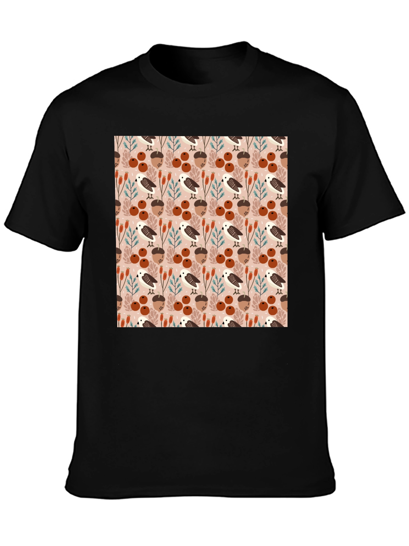 Autumnal Bird and Acorn Pattern T-Shirt