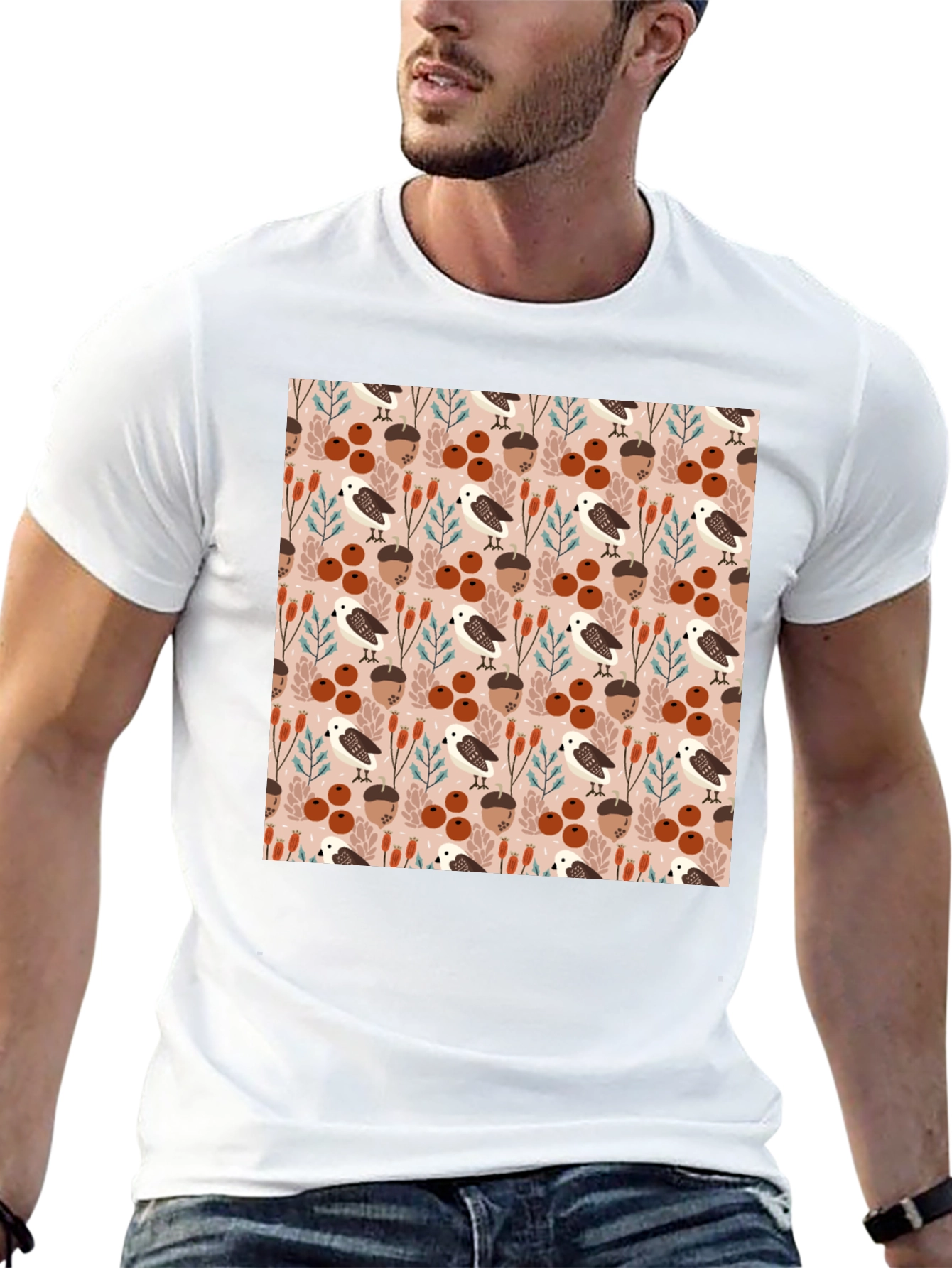 Autumnal Bird and Acorn Pattern T-Shirt