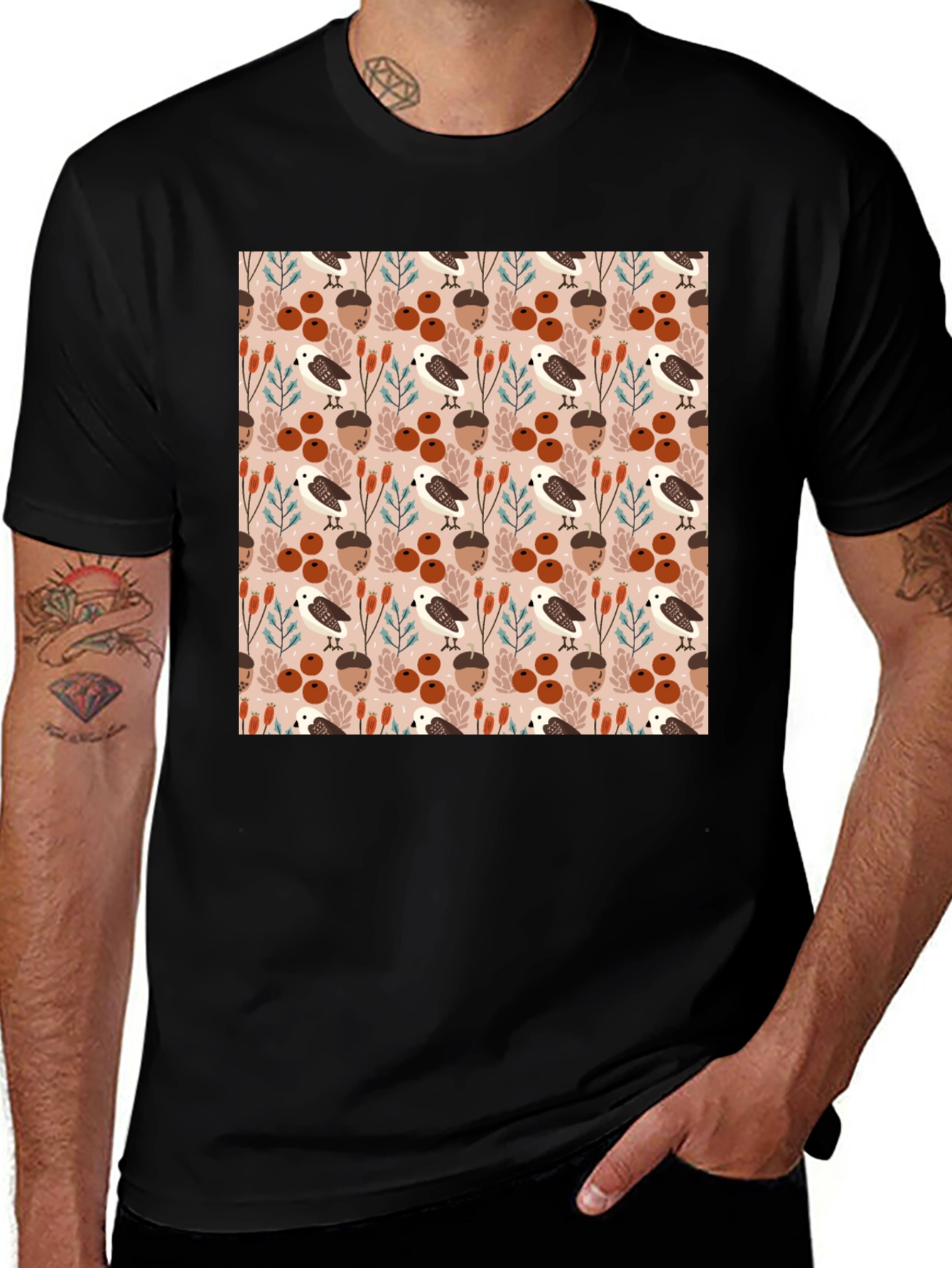 Autumnal Bird and Acorn Pattern T-Shirt