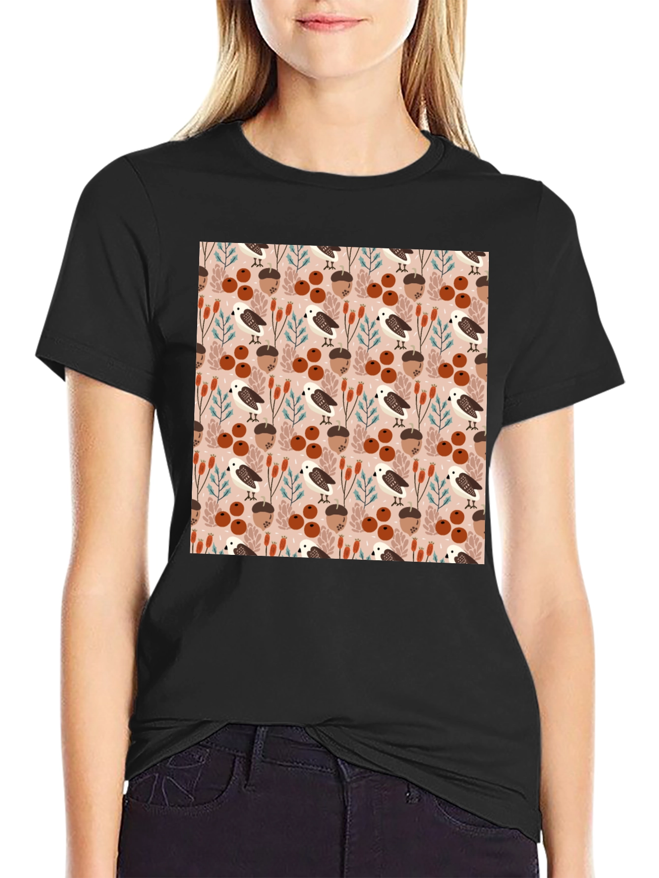 Autumnal Bird and Acorn Pattern T-Shirt