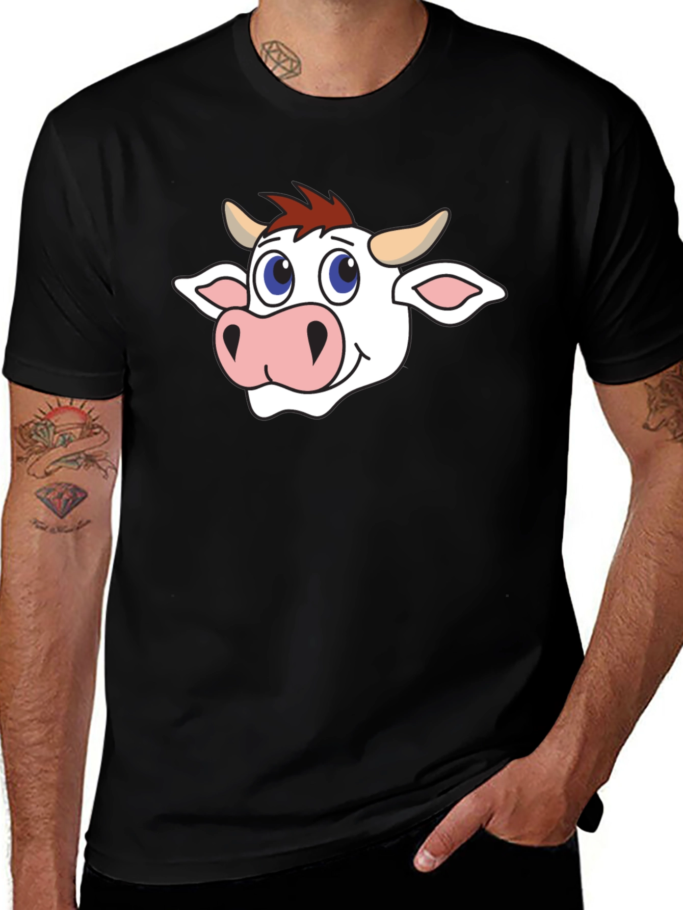 Cow Cartoon Graphic Black T-Shirt