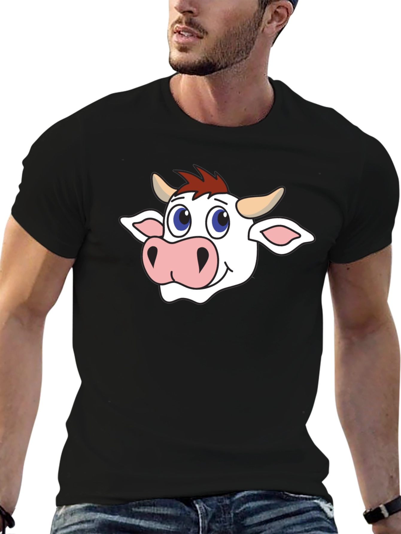 Cow Cartoon Graphic Black T-Shirt