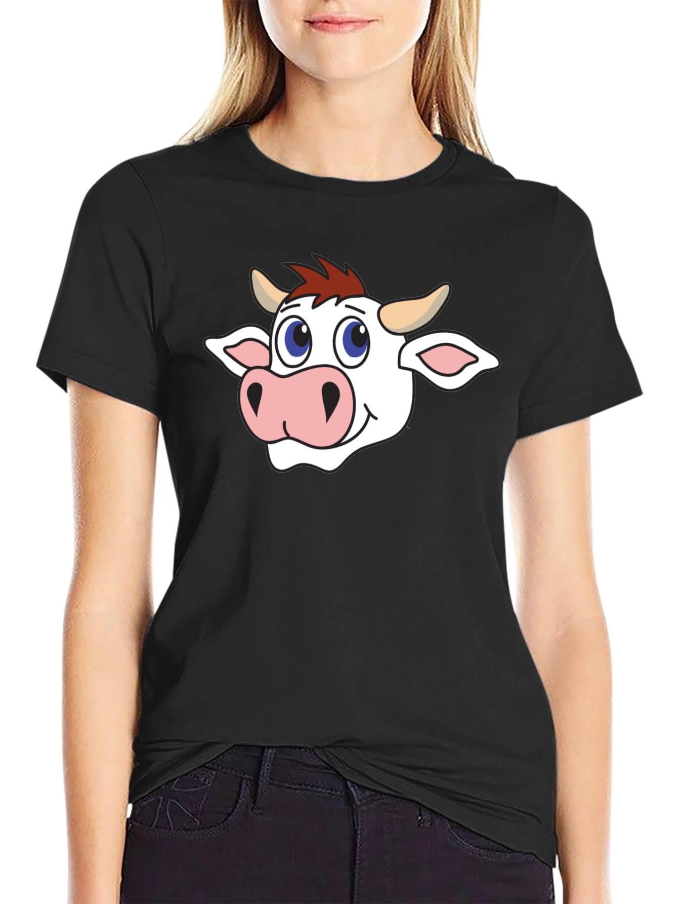 Cow Cartoon Graphic Black T-Shirt