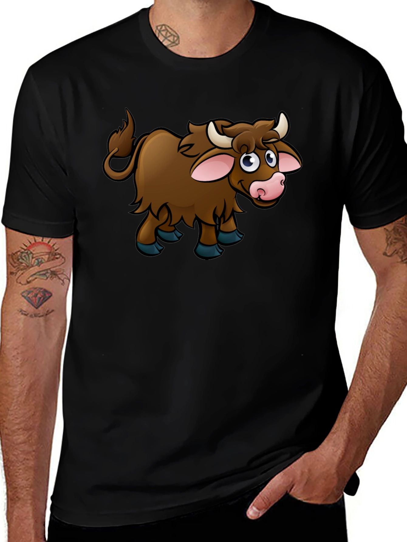 Cartoon Highland Cow Black T-Shirt