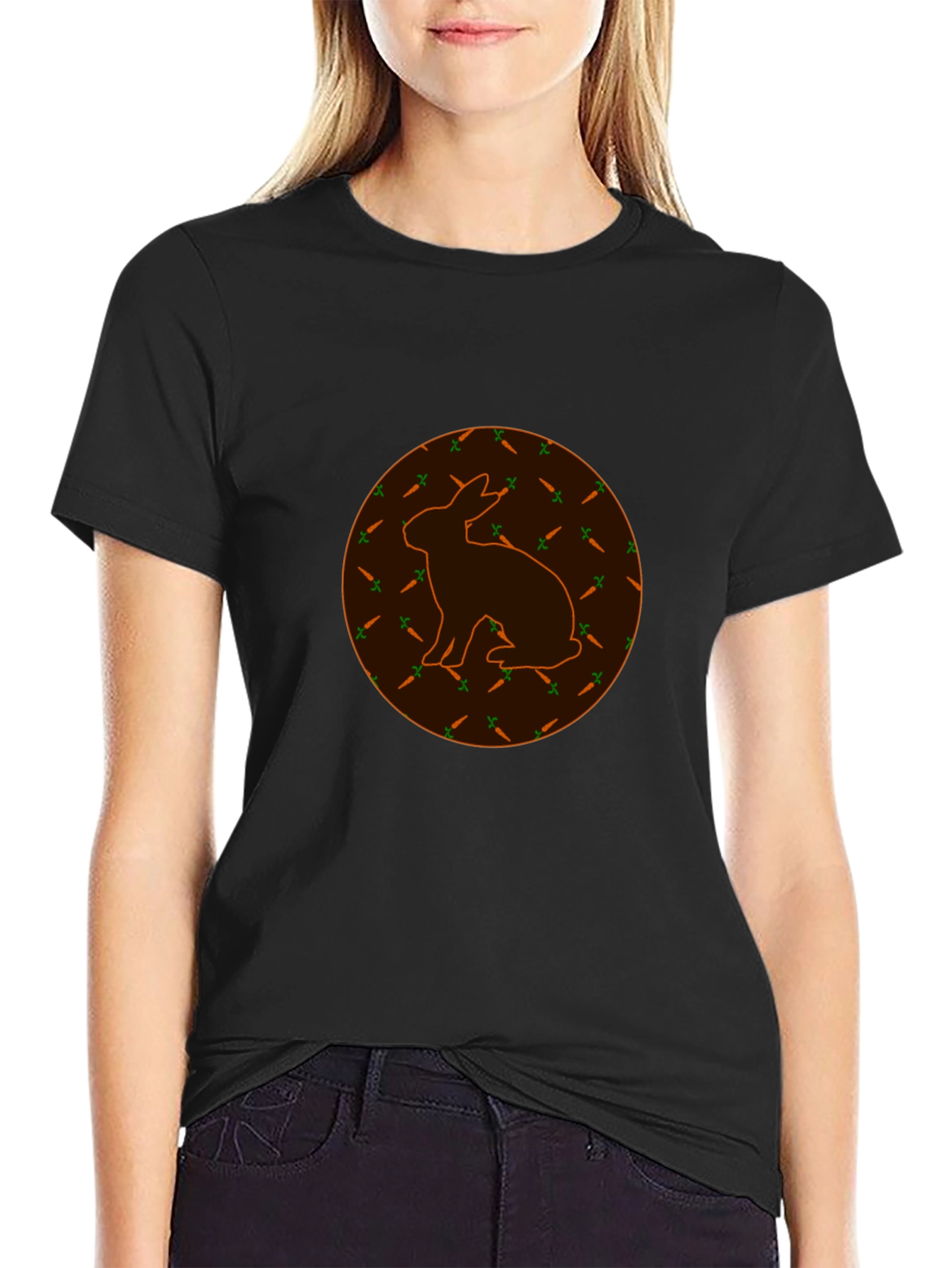 Rabbit & Carrot Print Black T-Shirt