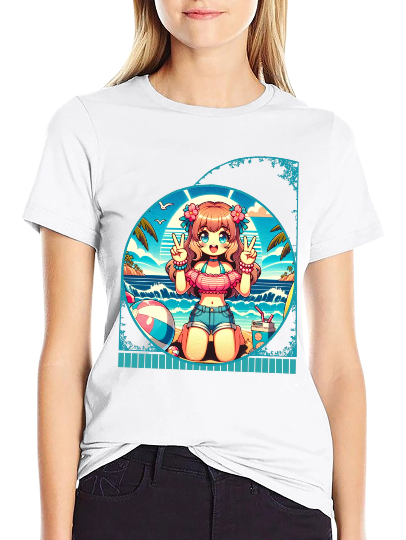 Anime Girl Summer Beach T-Shirt