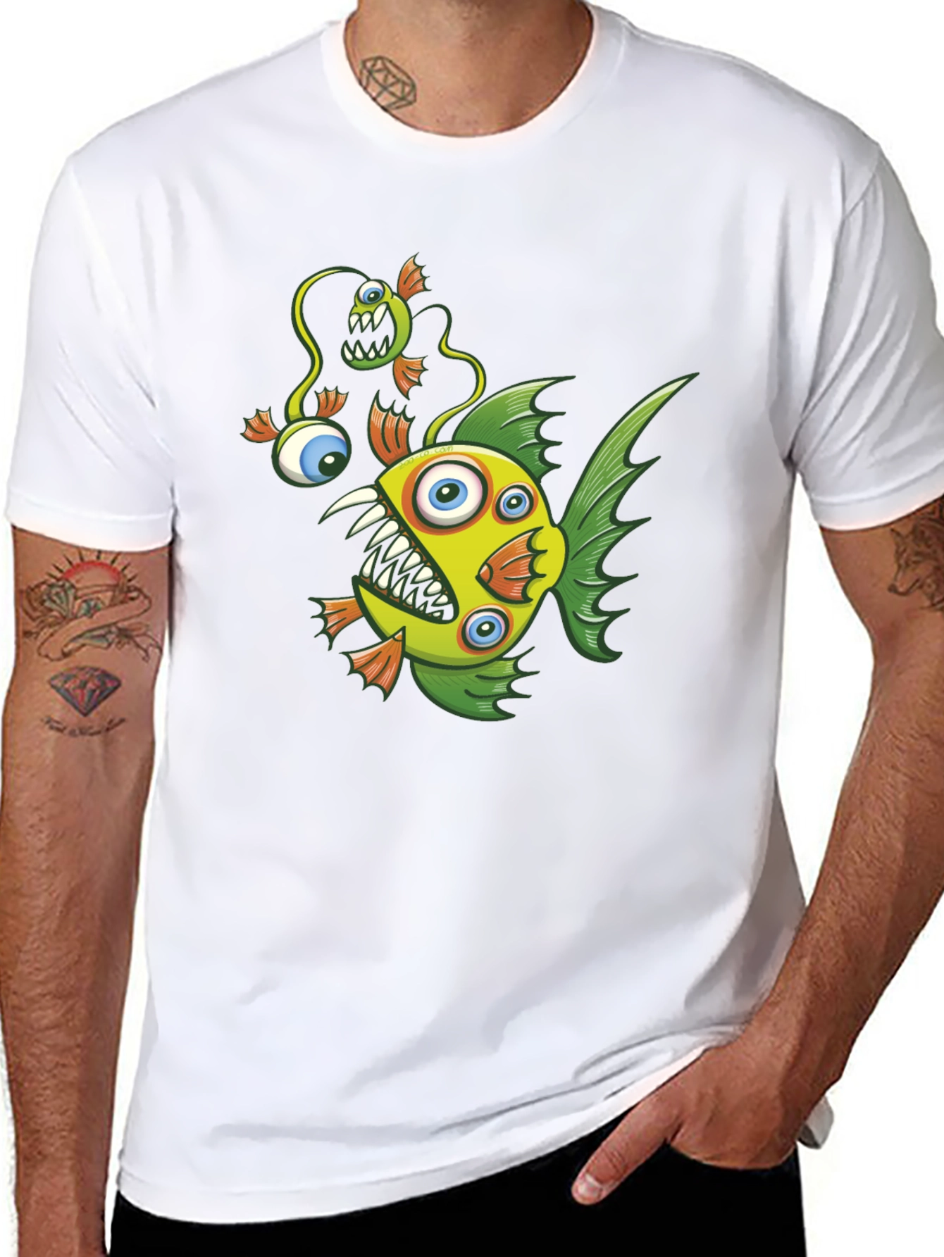 Crazy Fish Graphic Tee - Black Cotton T-Shirt