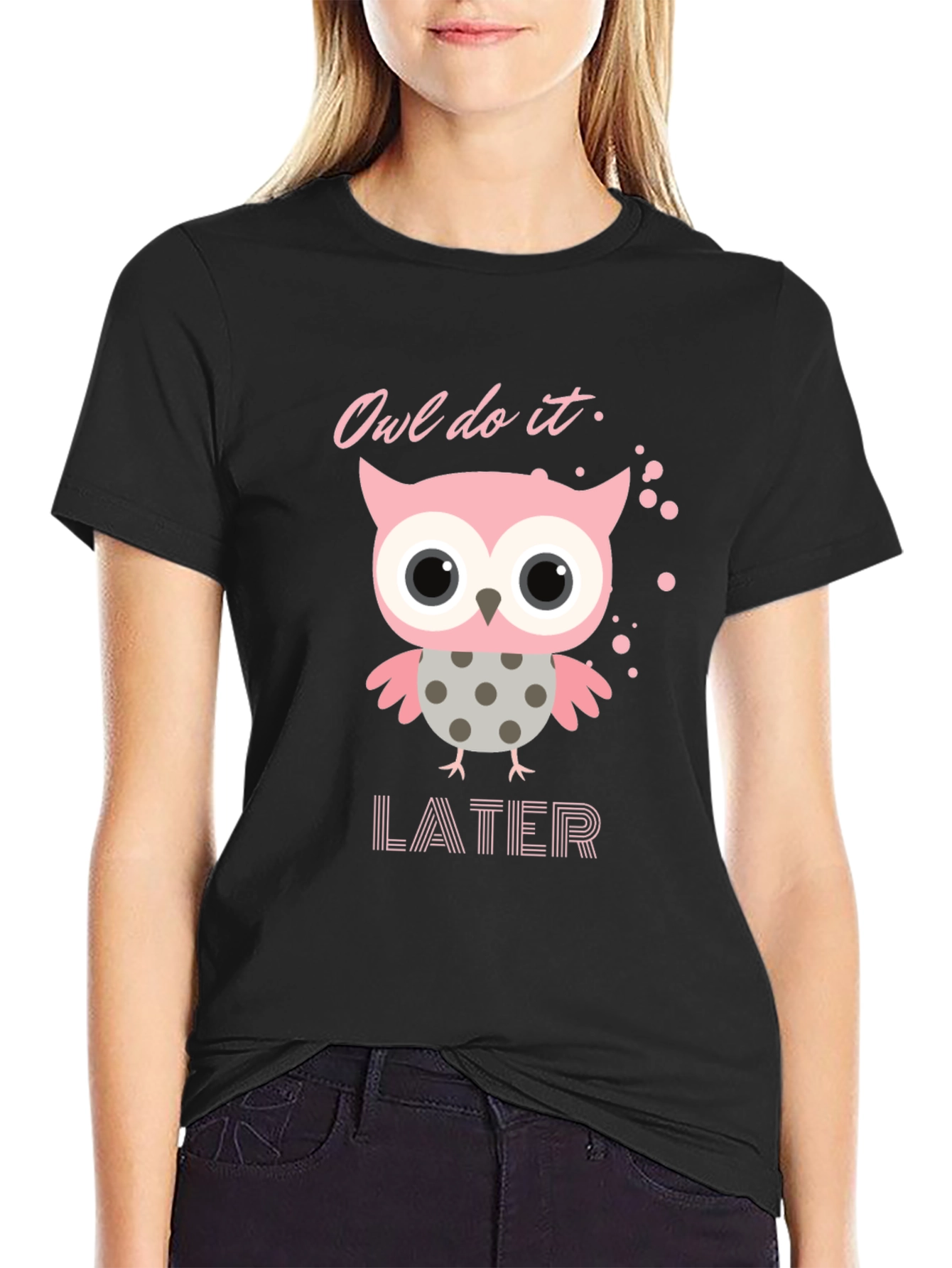 Owl Do It Later T-Shirt: Cute Pink Owl Design
