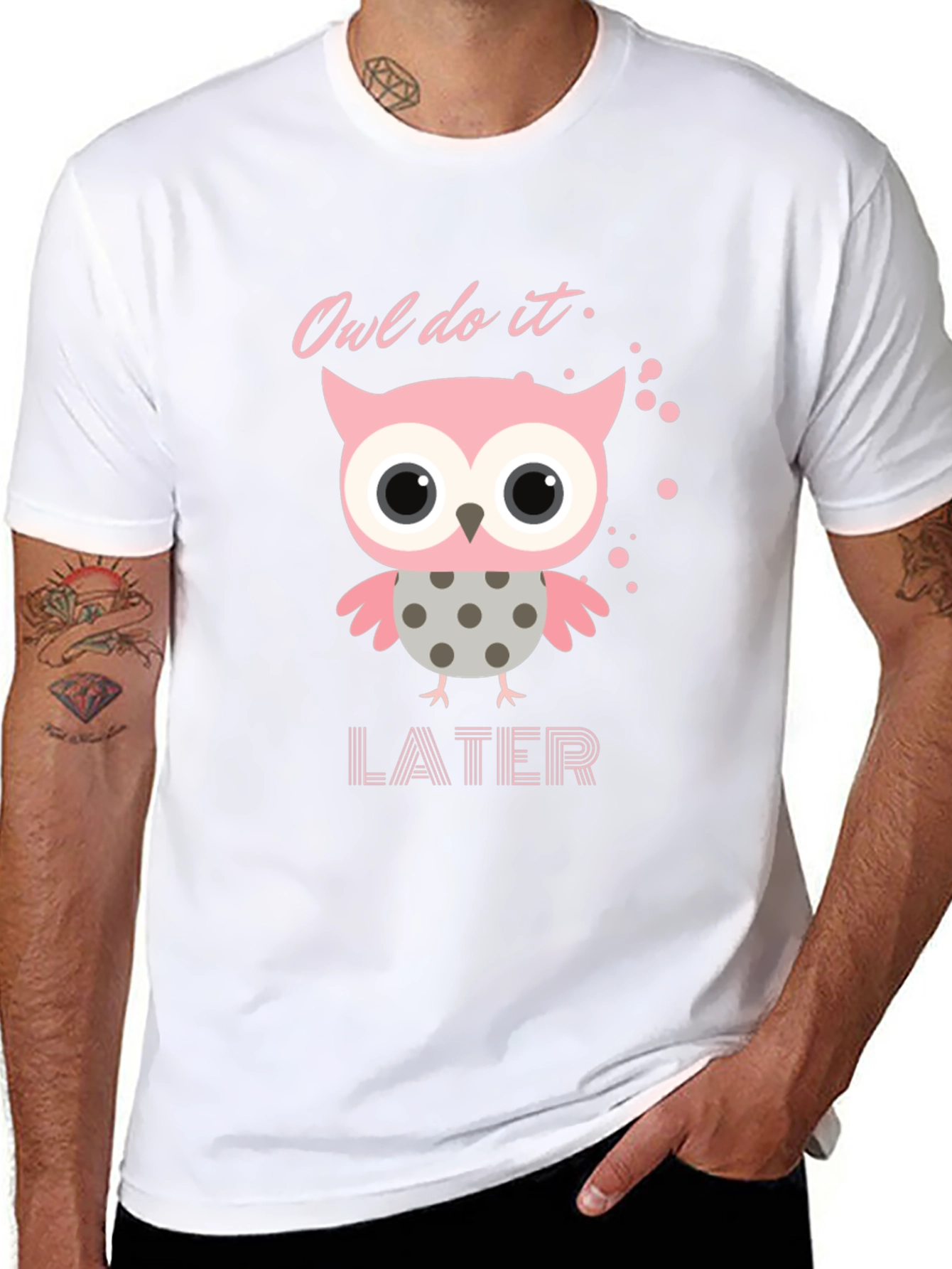 Owl Do It Later T-Shirt: Cute Pink Owl Design