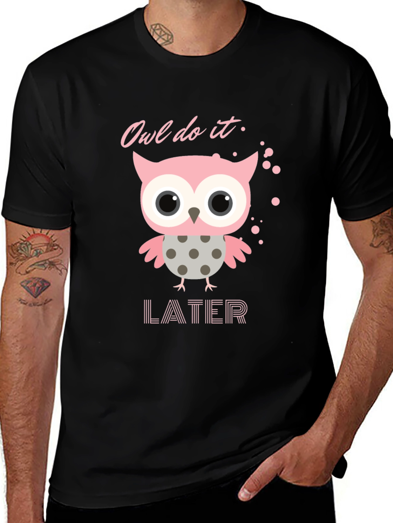 Owl Do It Later T-Shirt: Cute Pink Owl Design