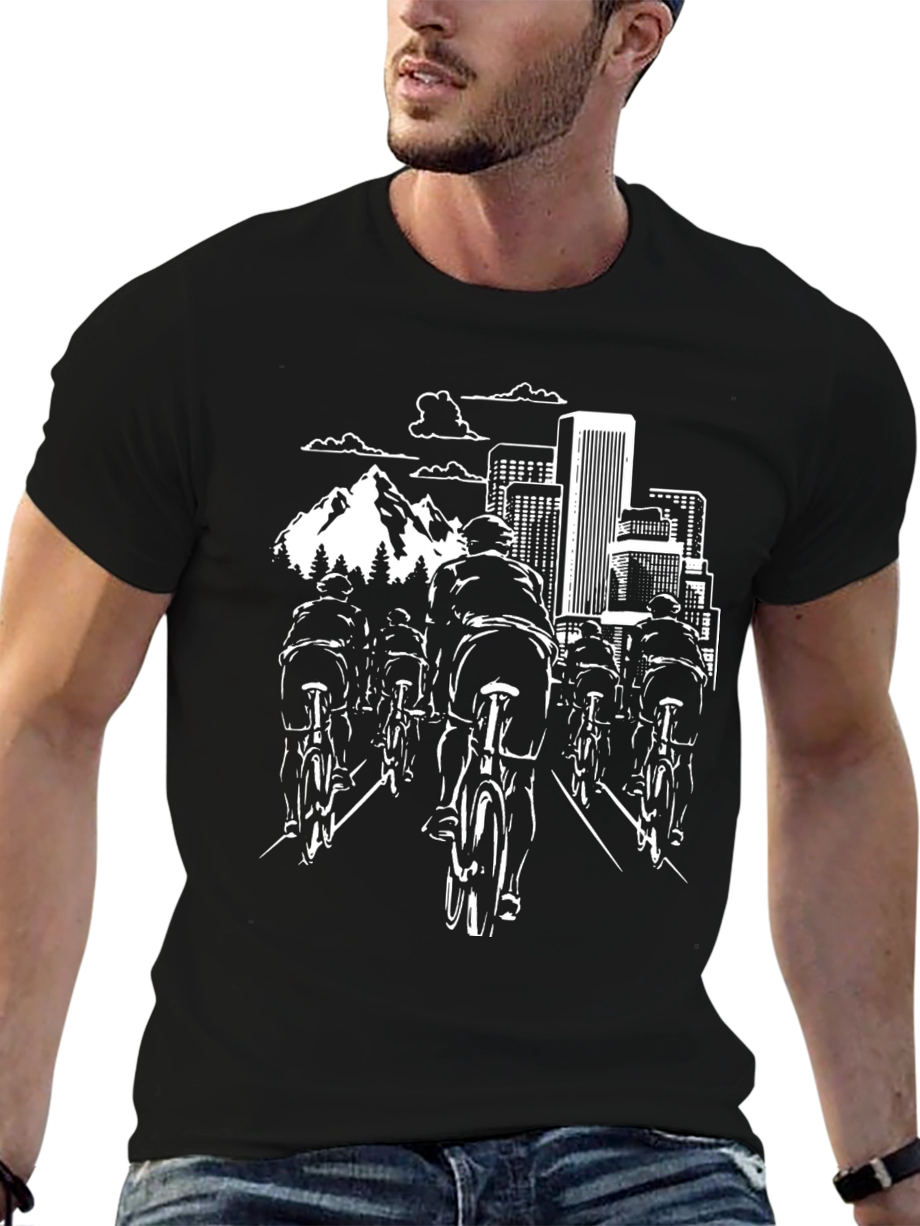 Cycling Cityscape Graphic Tee - Black Cotton Shirt