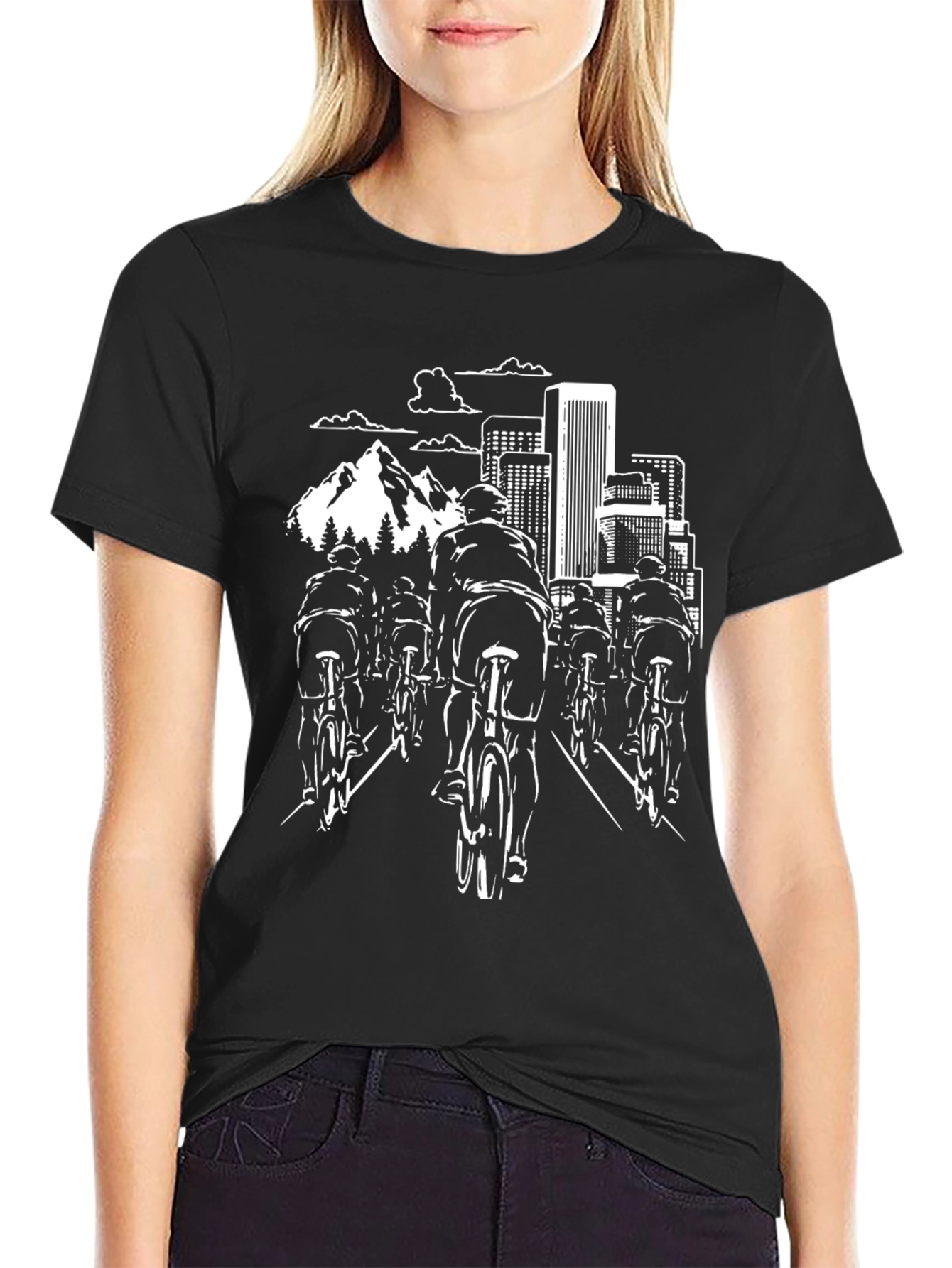 Cycling Cityscape Graphic Tee - Black Cotton Shirt