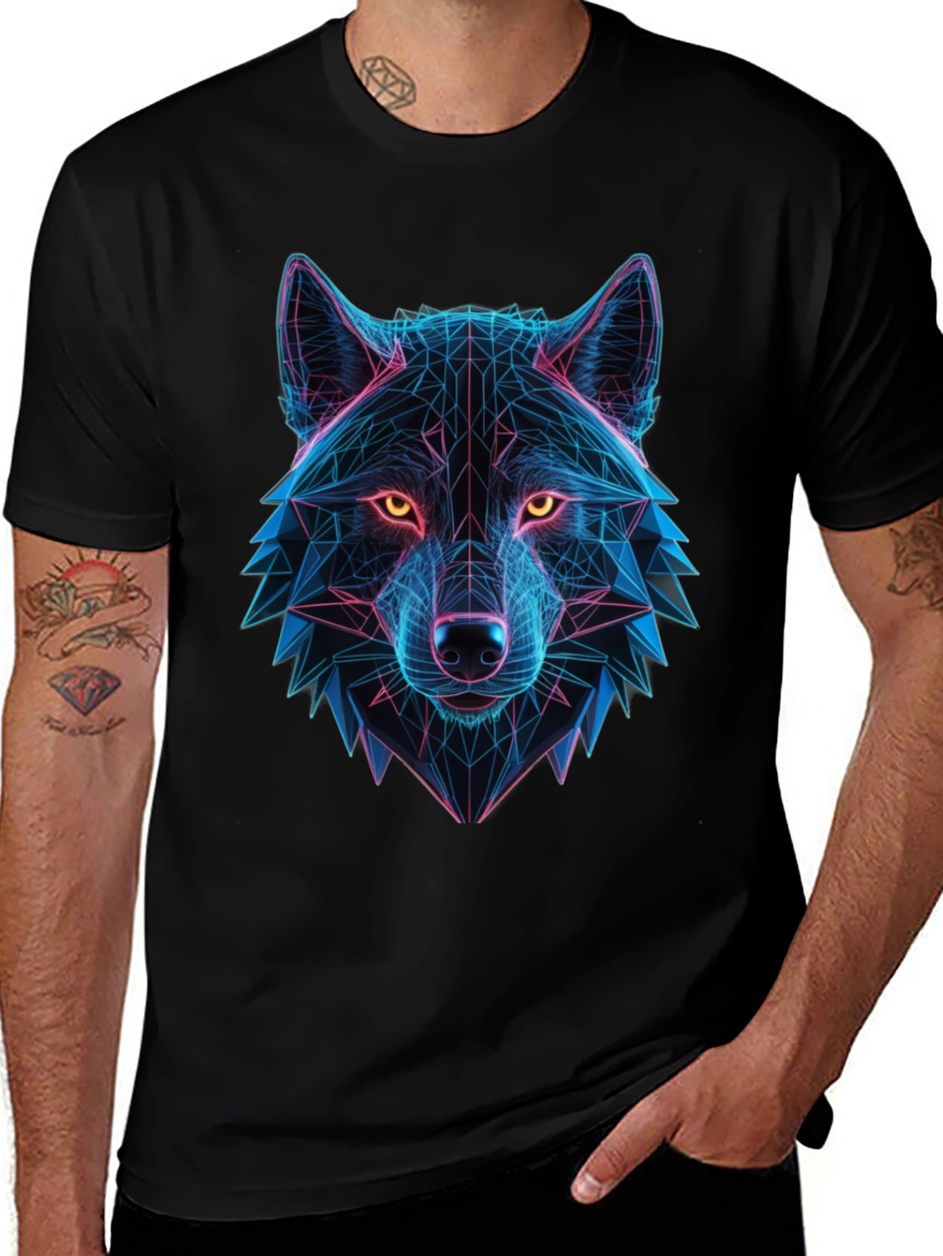 Geometric Wolf Head Graphic Black T-Shirt