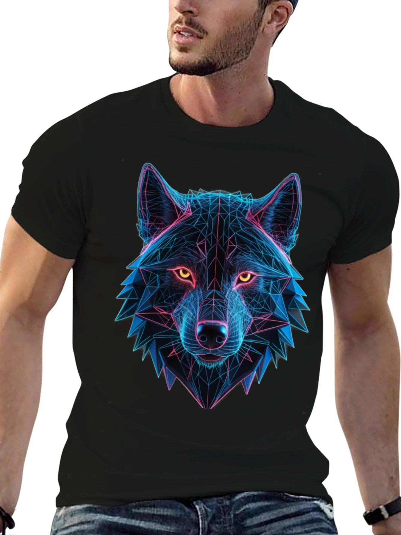 Geometric Wolf Head Graphic Black T-Shirt