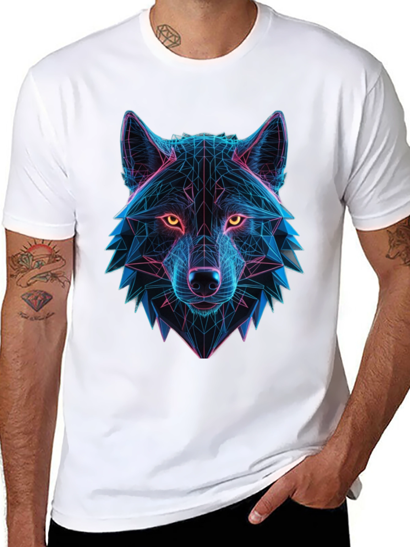 Geometric Wolf Head Graphic Black T-Shirt