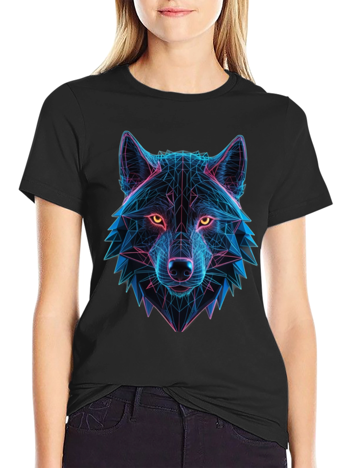 Geometric Wolf Head Graphic Black T-Shirt