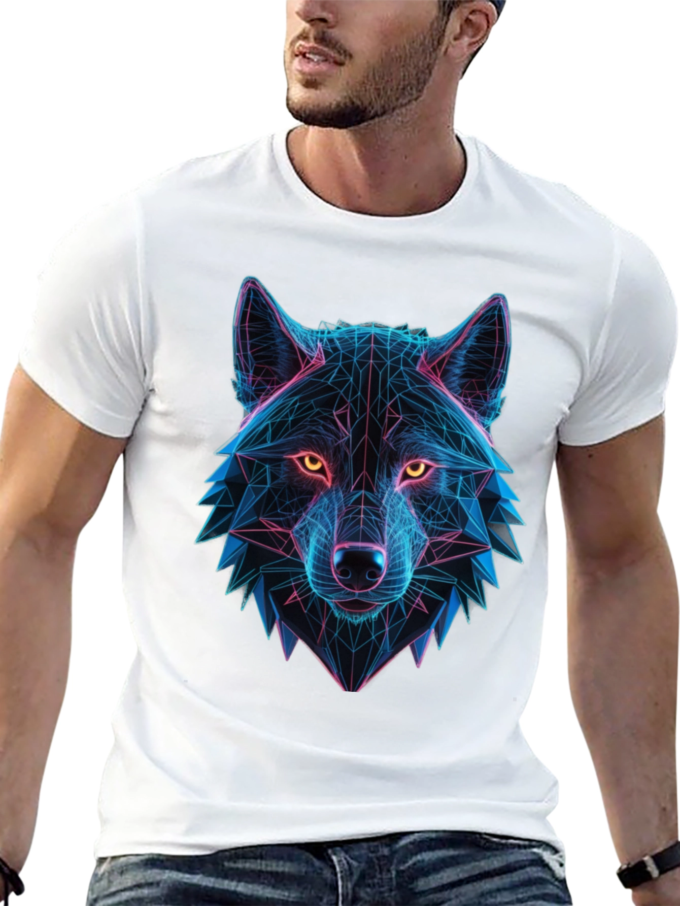 Geometric Wolf Head Graphic Black T-Shirt