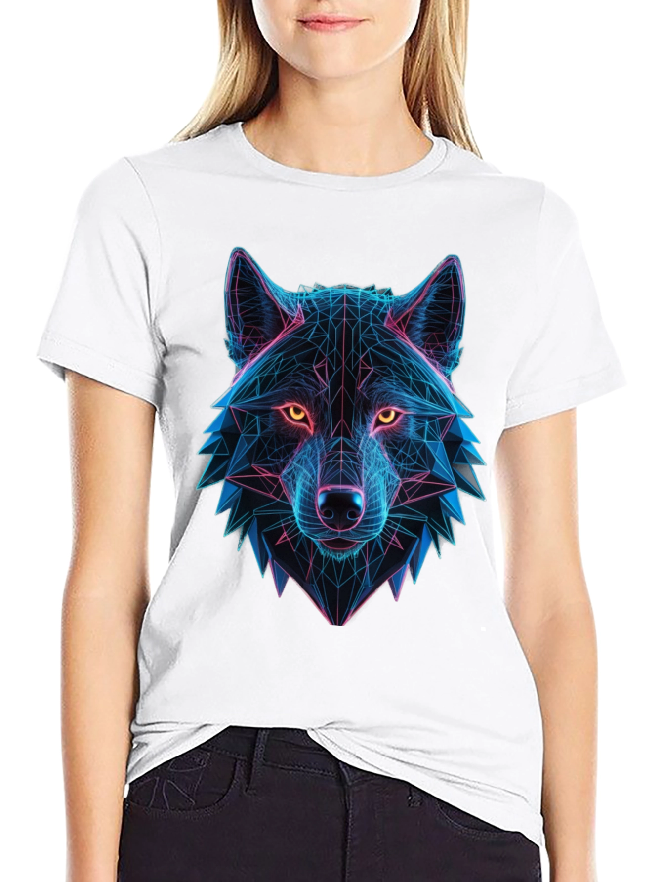Geometric Wolf Head Graphic Black T-Shirt