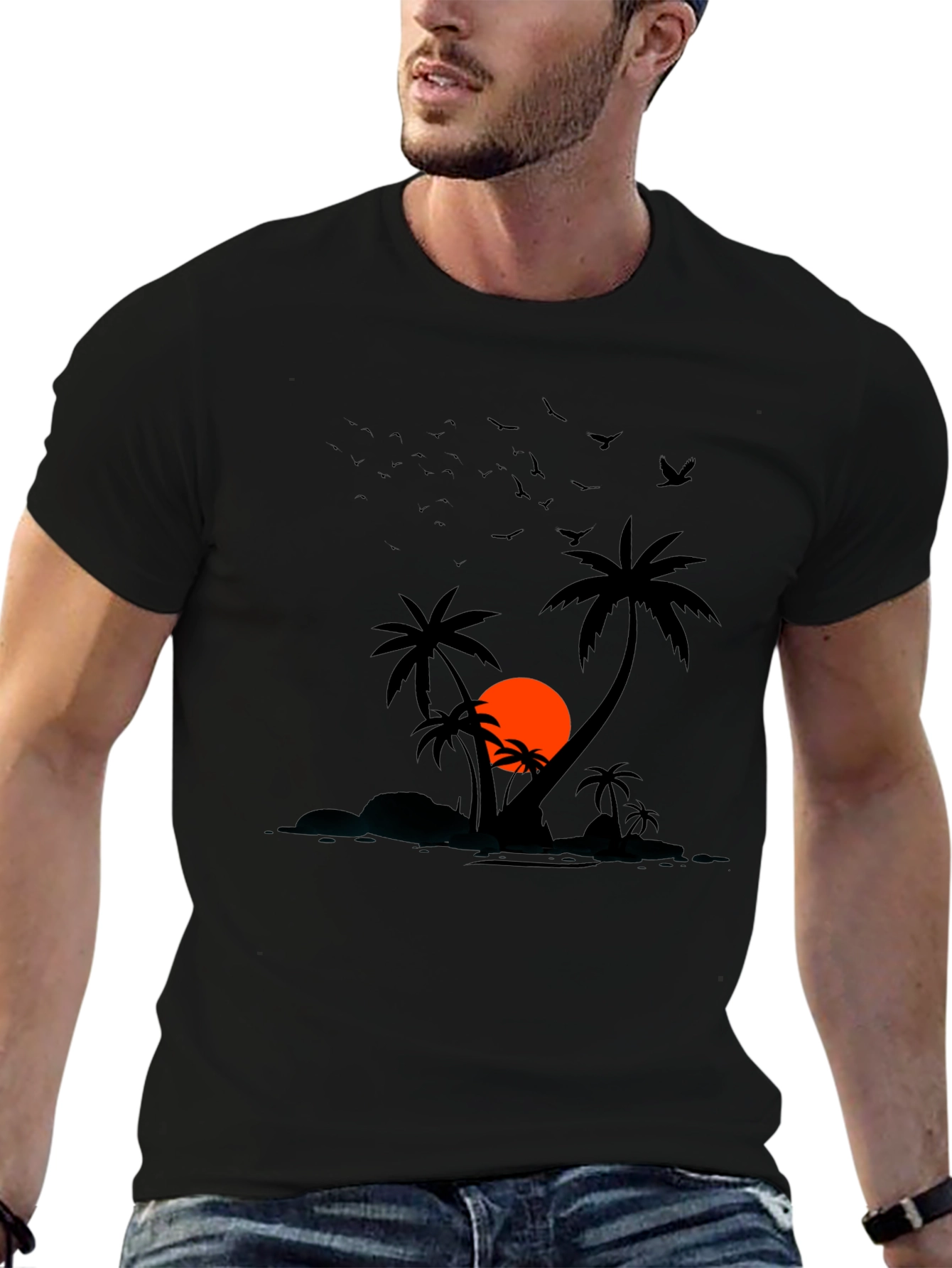 Sunset Palm Tree Graphic Tee - Mens Black T-Shirt