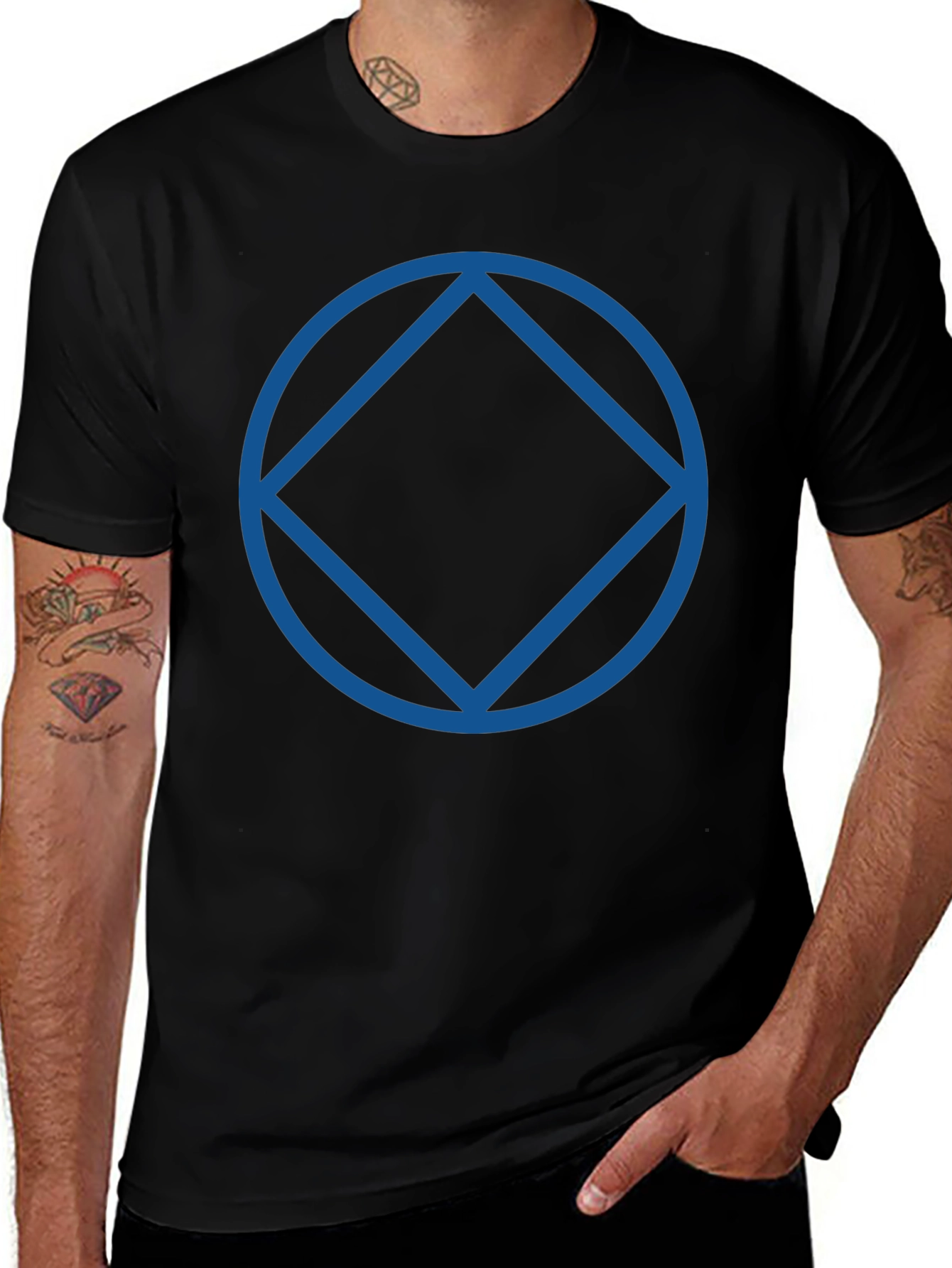 Black T-Shirt with Blue Circle and Diamond Design