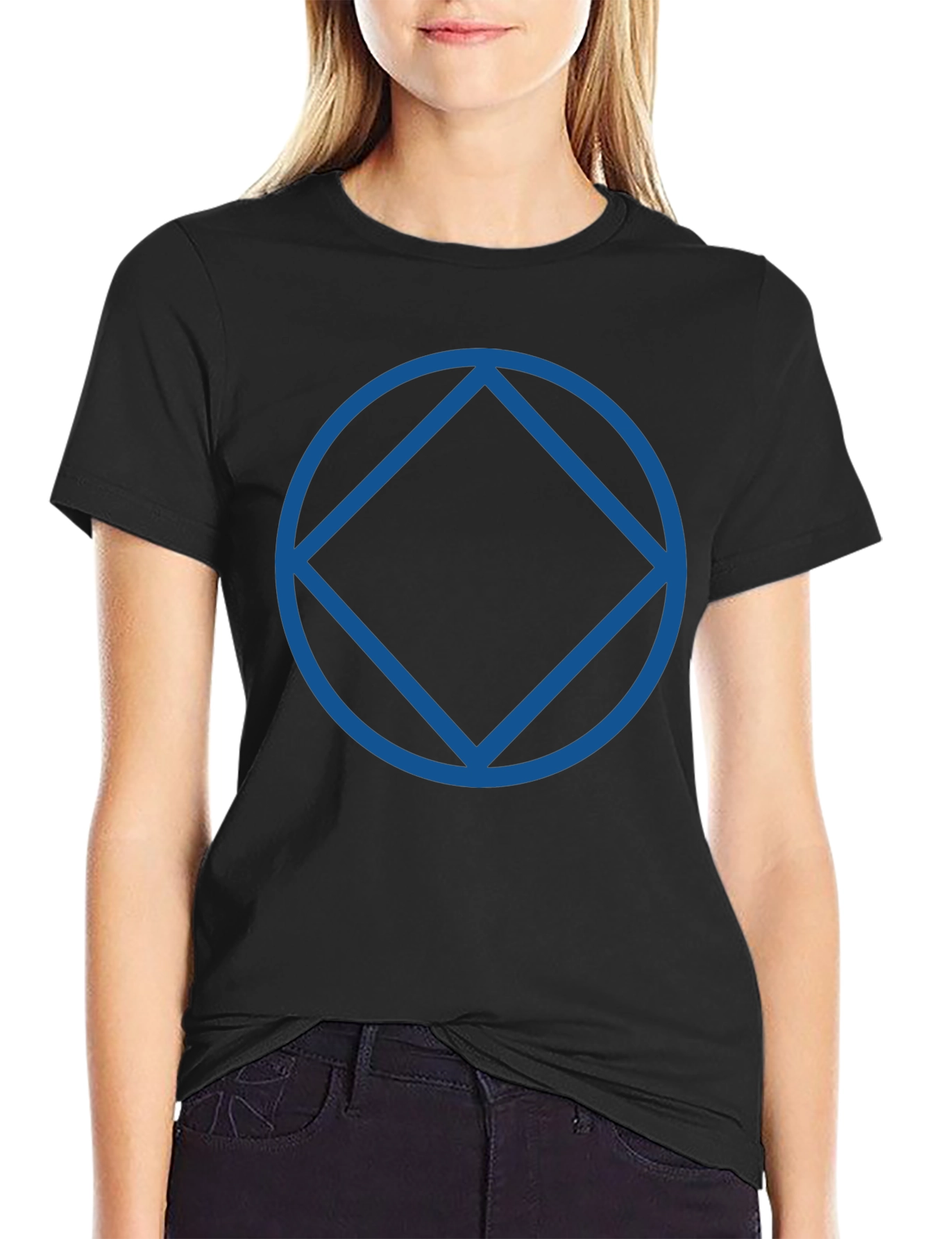 Black T-Shirt with Blue Circle and Diamond Design