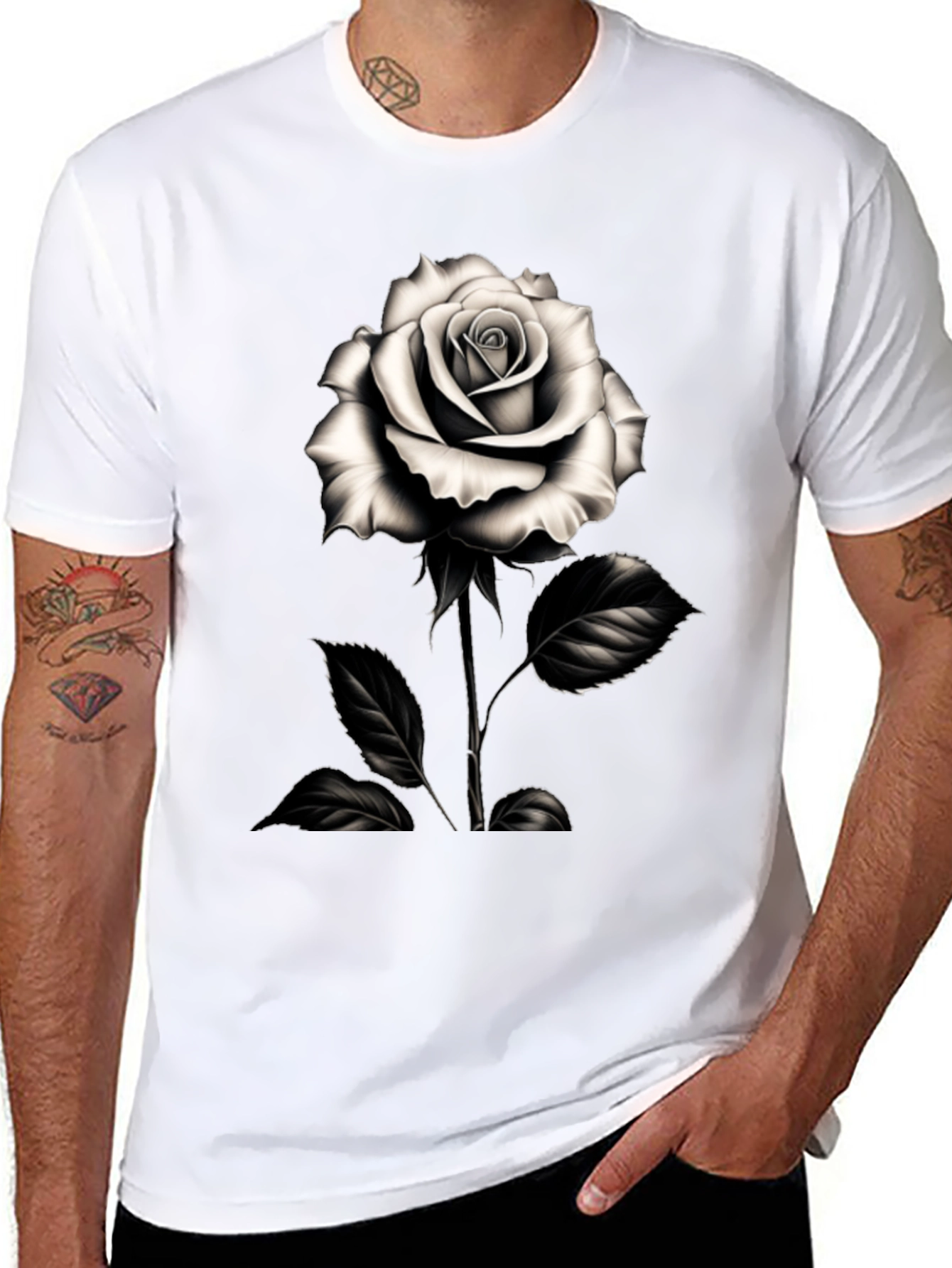 Elegant Rose Graphic Tee - Black Cotton