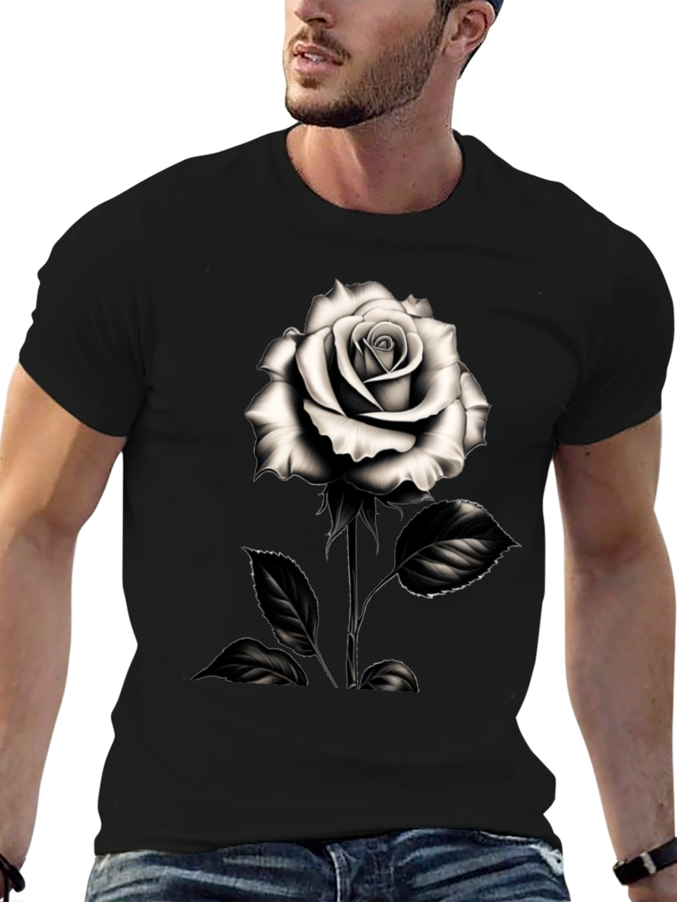 Elegant Rose Graphic Tee - Black Cotton