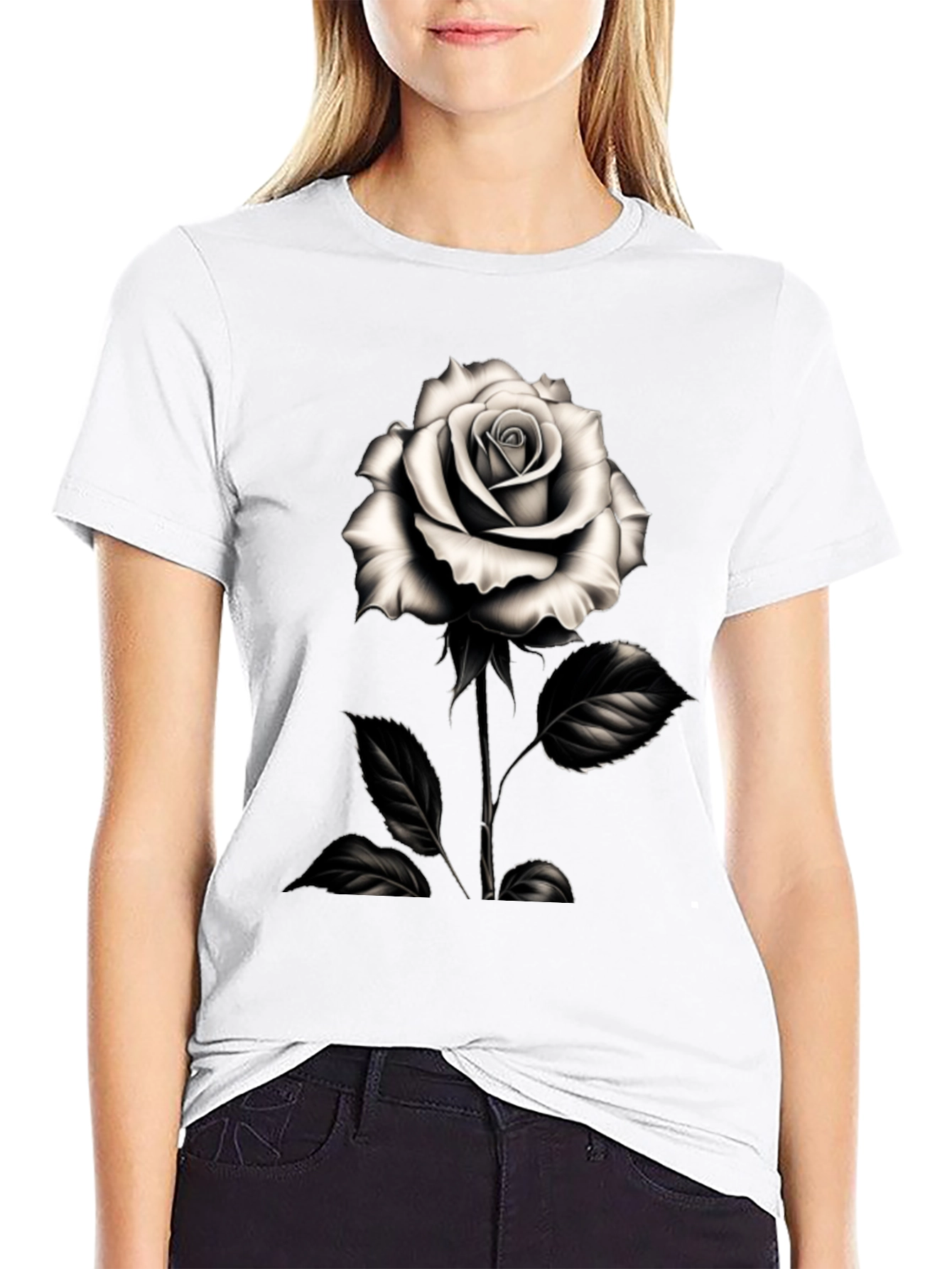 Elegant Rose Graphic Tee - Black Cotton