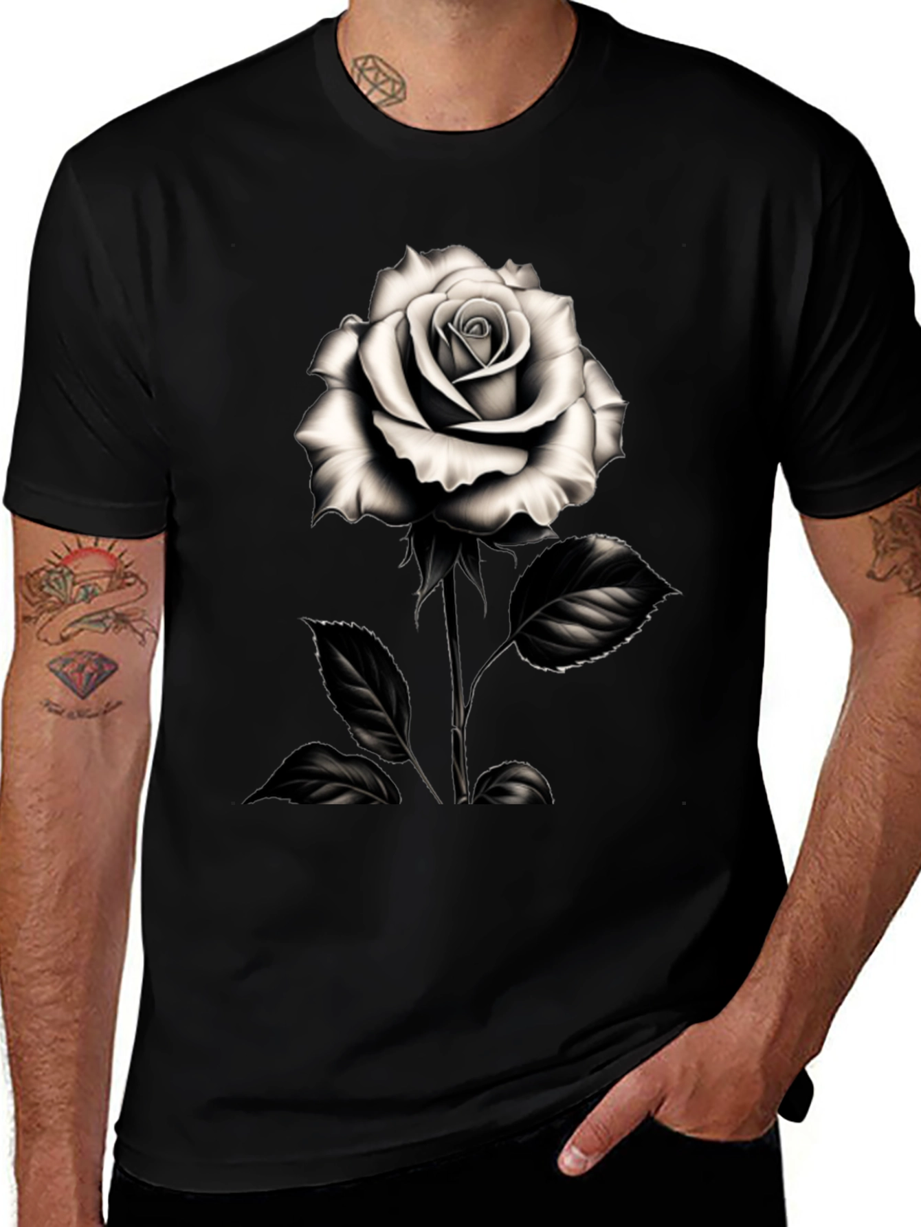 Elegant Rose Graphic Tee - Black Cotton