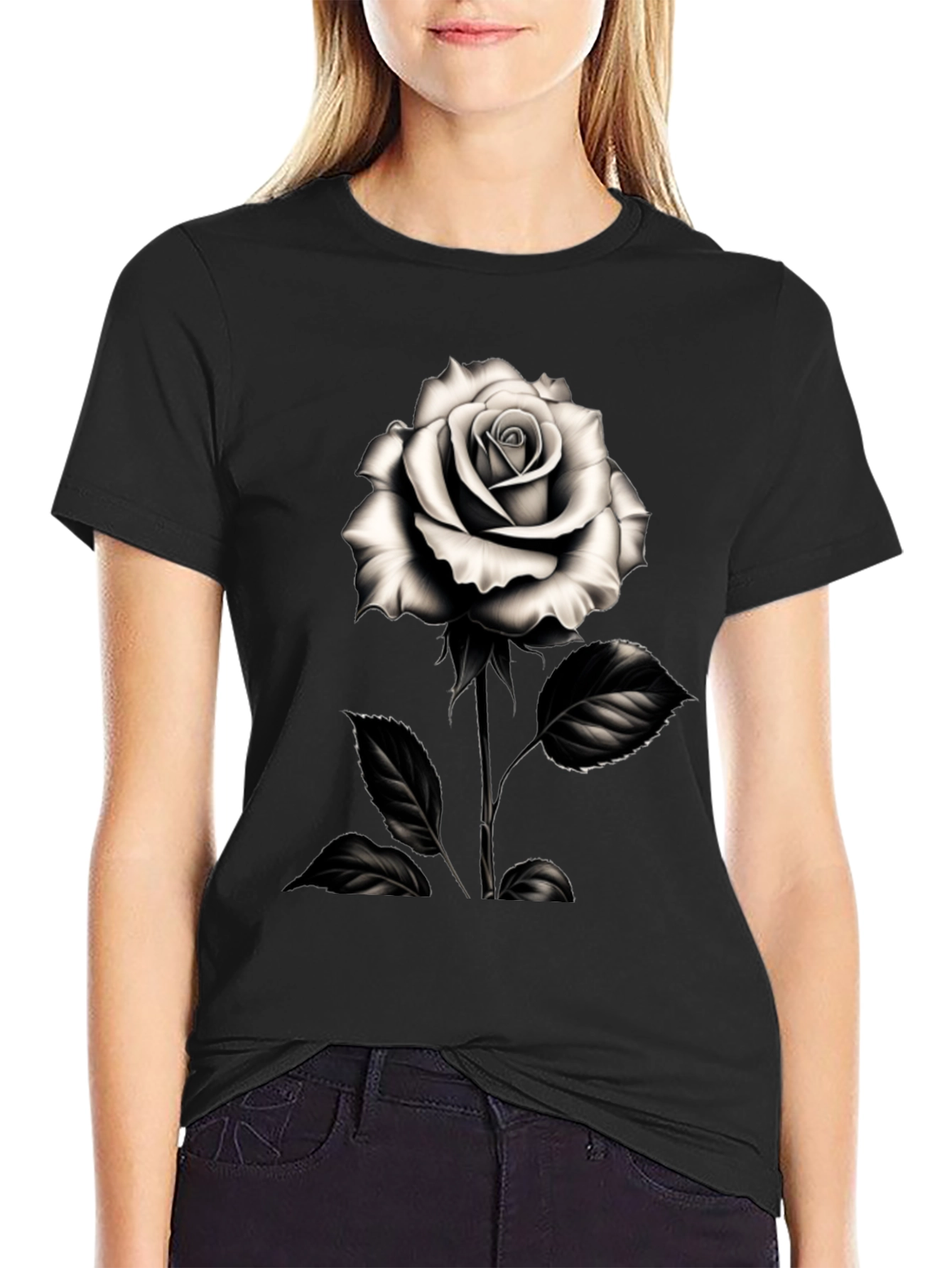 Elegant Rose Graphic Tee - Black Cotton