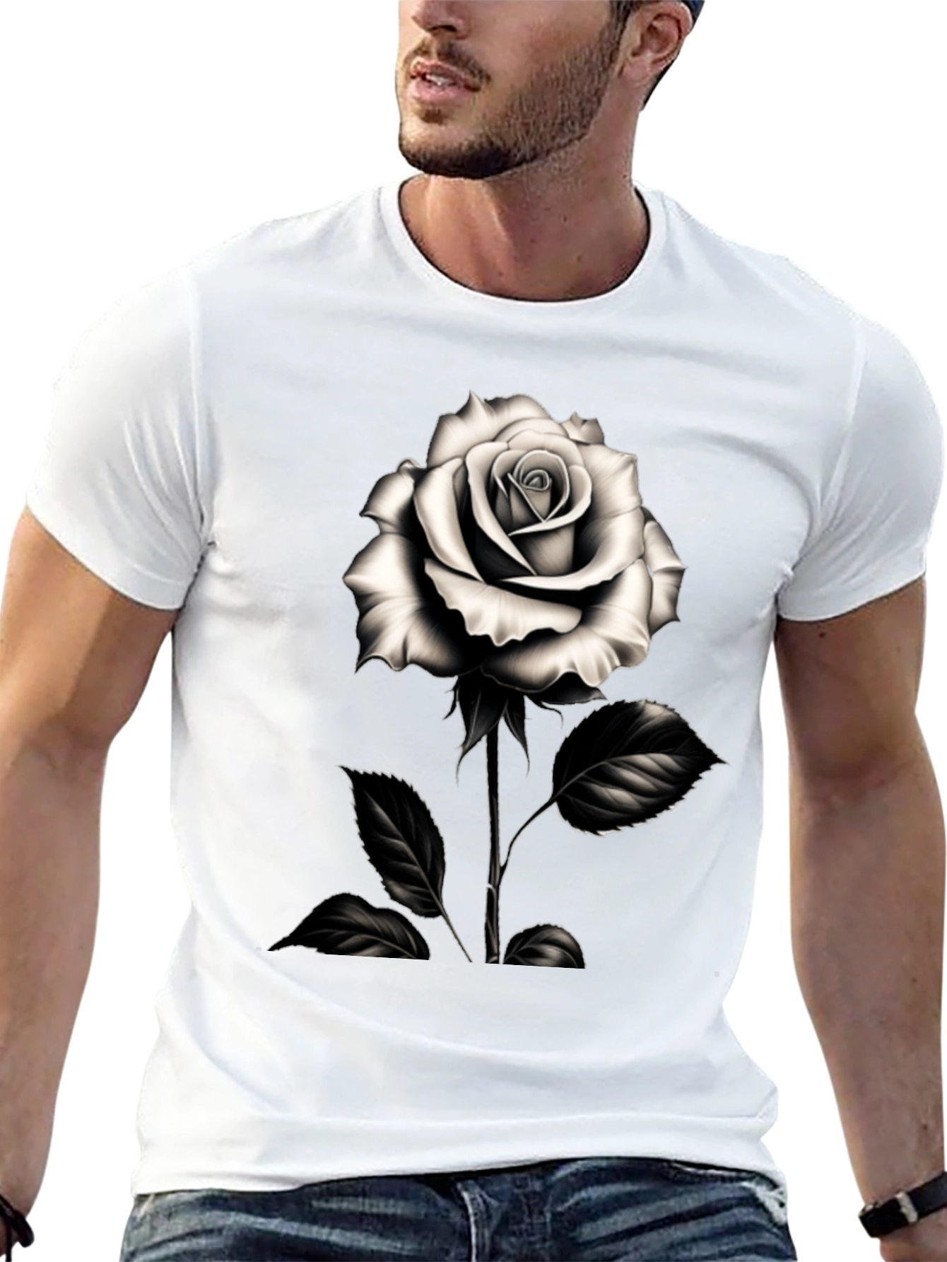 Elegant Rose Graphic Tee - Black Cotton