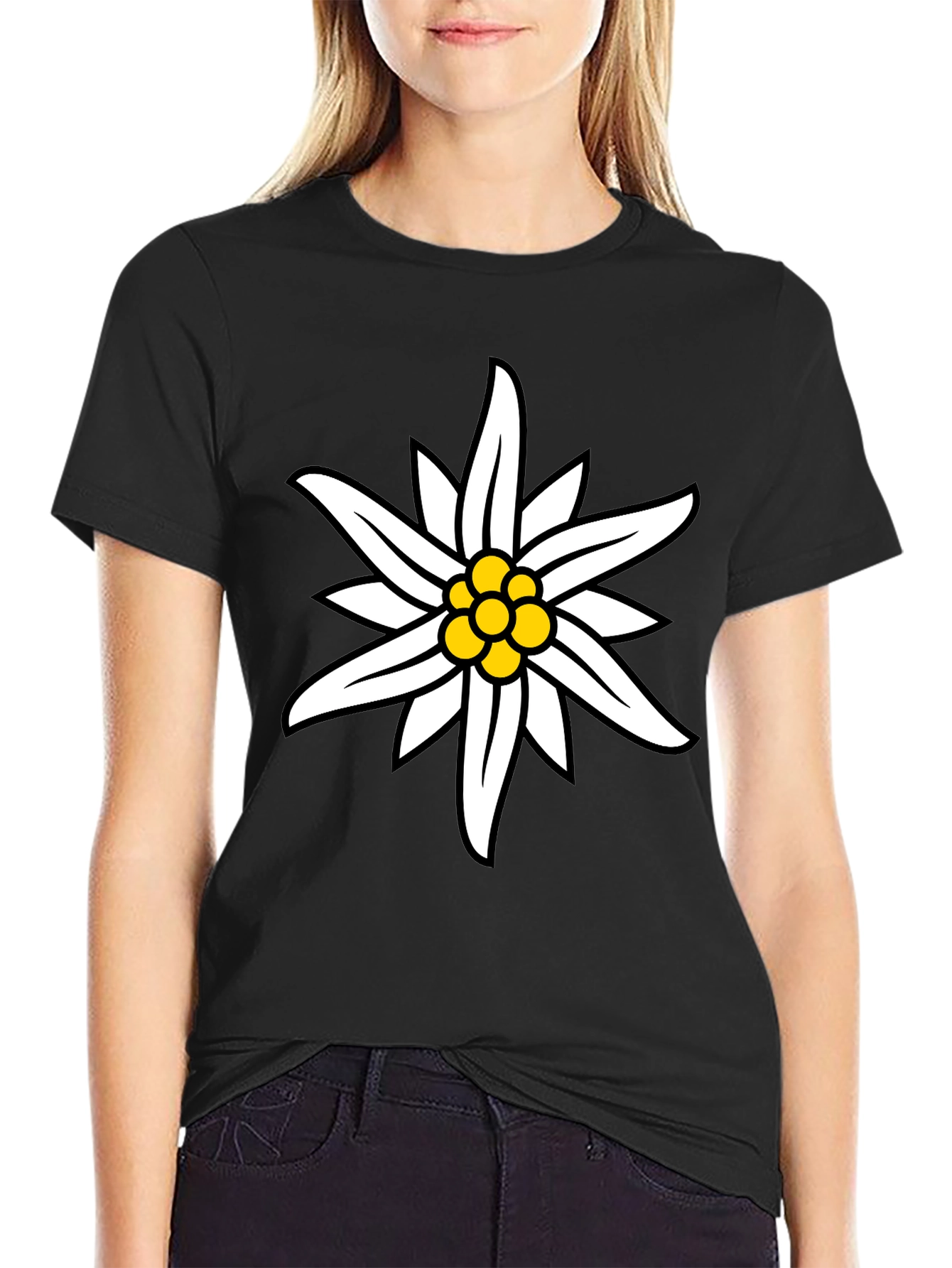 Edelweiss Flower Graphic Black T-Shirt