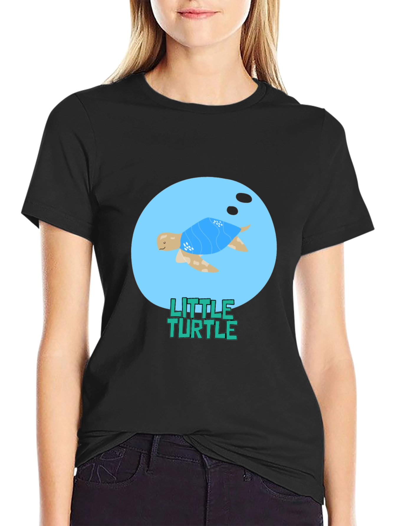 Cute Little Turtle Graphic Tee - Black Casual T-Shirt