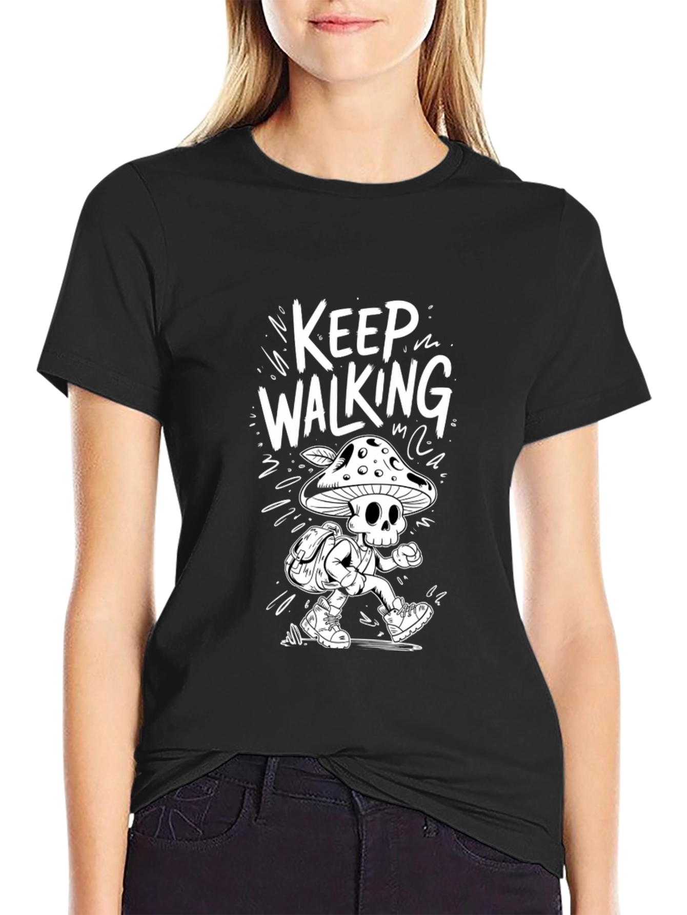 Keep Walking Mushroom Skull Graphic Tee - Black